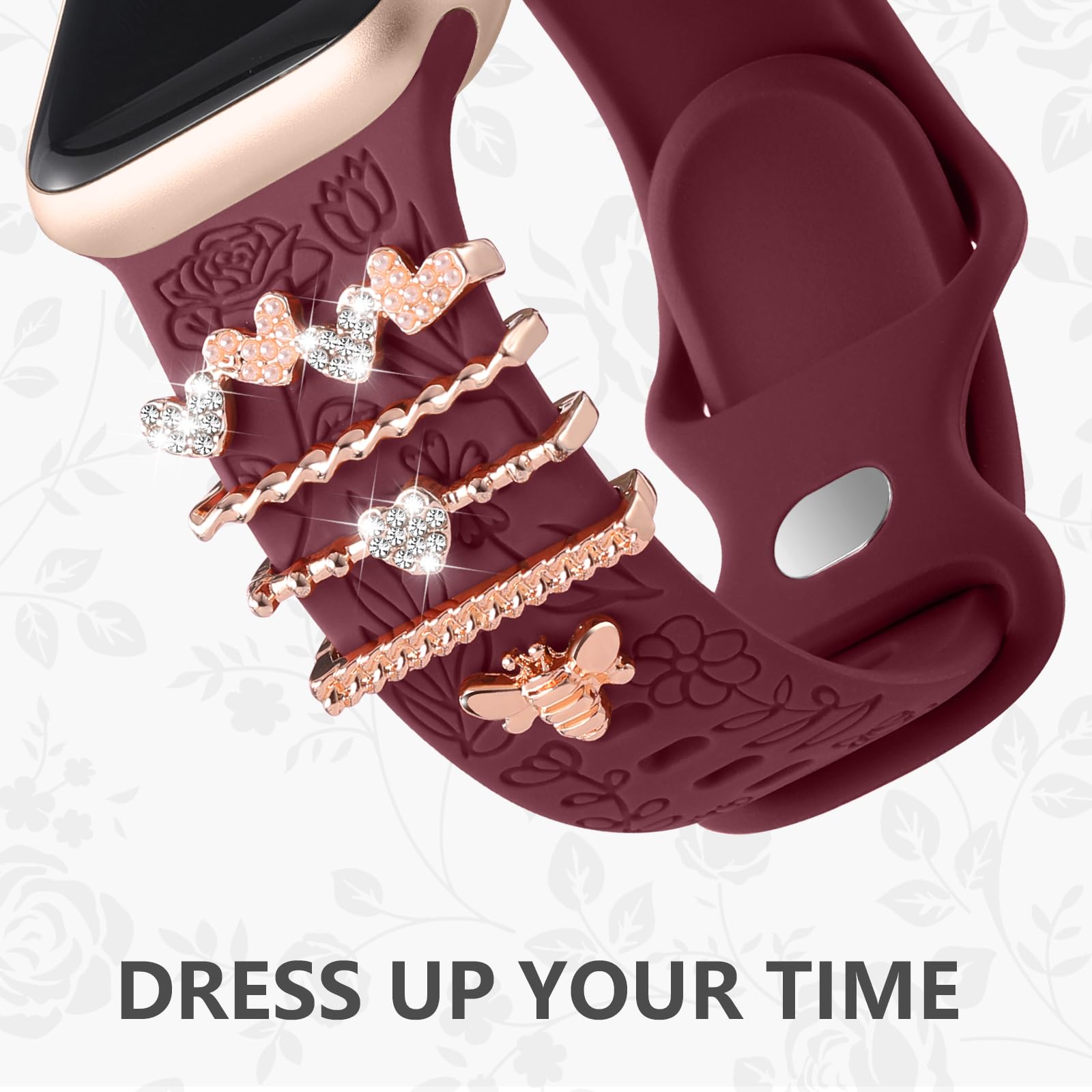 DaQin Floral Engraved Apple Watch Band - Soft Silicone Strap with Charms for Women - Compatible with iWatch Series 9/8/7/6/5/4/3/2/1/SE (38mm 40mm 41mm 42mm 44mm 45mm) - Perfect for Workouts, Office Wear & Everyday Fashion Accessory