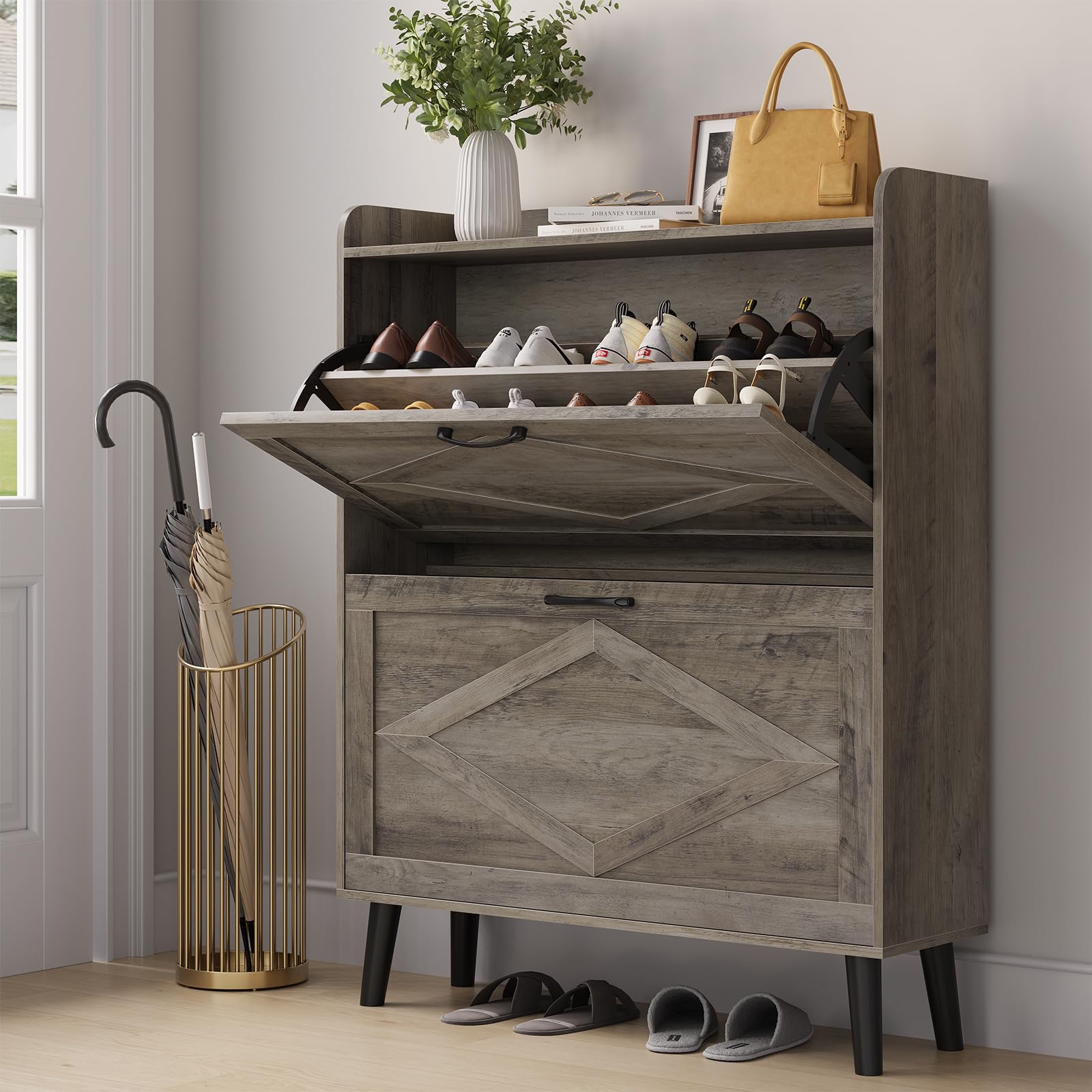 Farmhouse Narrow Shoe Storage Cabinet with 2 Flip Drawers - Slim Entryway Shoe Organizer with Wood Legs in Washed Gray | Perfect for Small Spaces, Hallways & Closet Organization