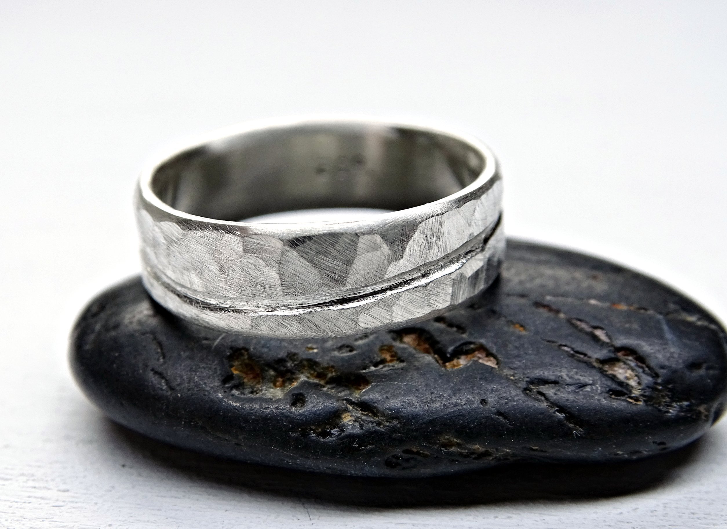Rustic Wave Silver Ring for Men - Ocean Inspired Hammered Wedding Band - Unique Wide Mens Ring for Beach Weddings & Everyday Wear