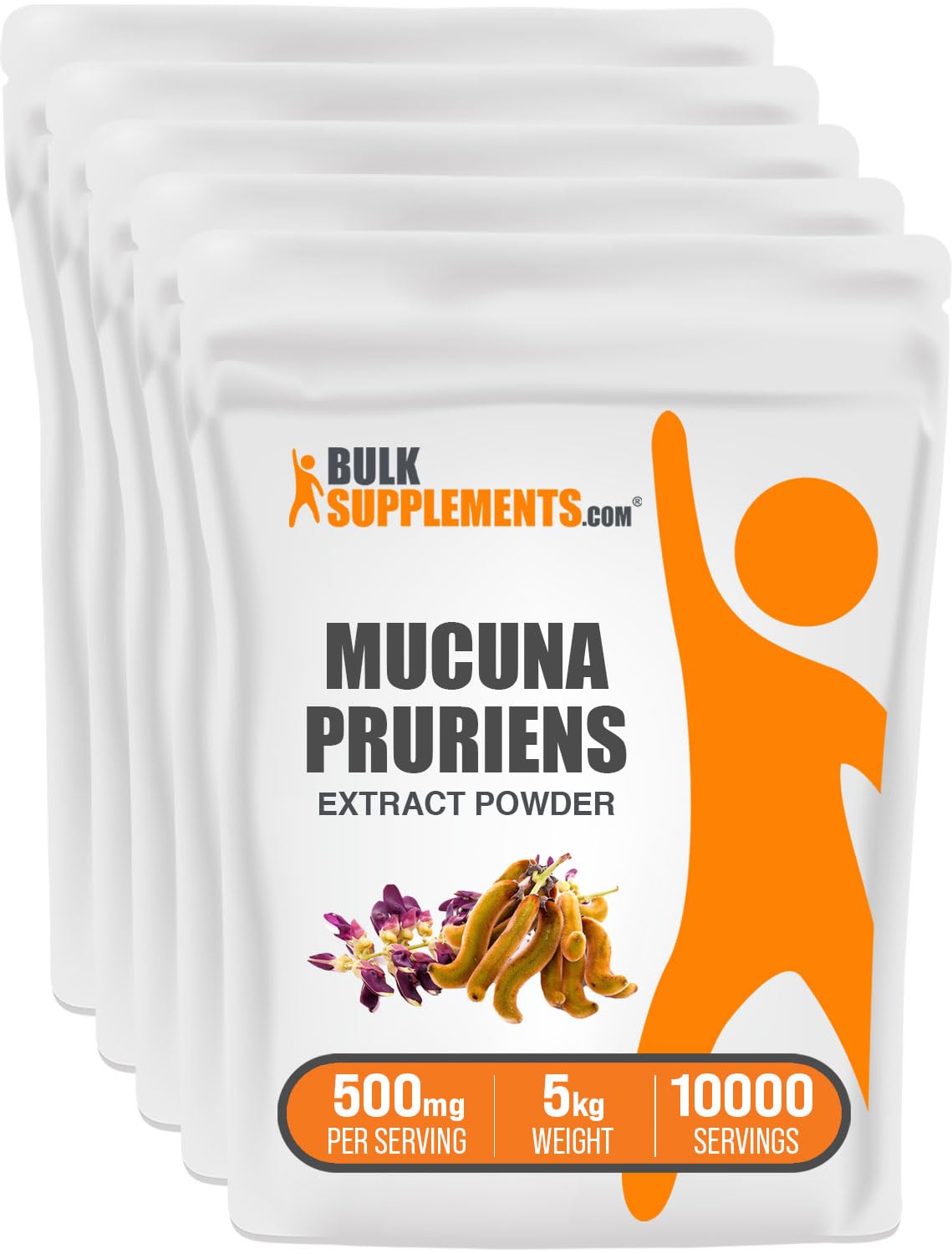BulkSupplements.com Mucuna Pruriens Extract Powder 500mg per Serving - Organic Herbal Supplement from Mucuna Pruriens Seed, Gluten Free, Non-GMO - Pack of 5 (5kg/11lbs) for Energy Boost, Stress Relief & Brain Health