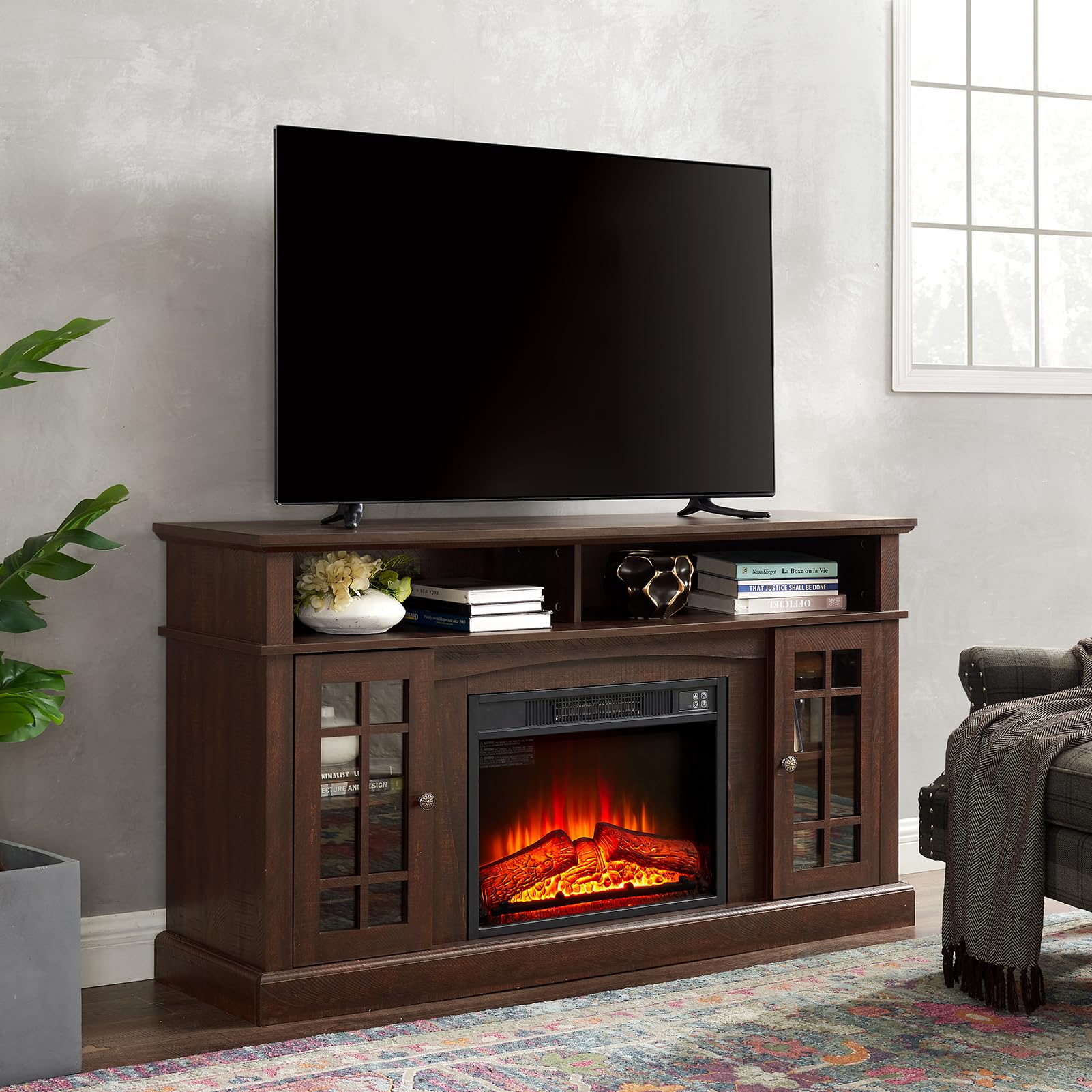Modern Farmhouse Fireplace TV Stand with Glass Door Cabinets - 65 Inch Media Entertainment Center Console Table with 2 Open Shelves - Espresso Finish for Living Room, Bedroom & Home Theater Setup