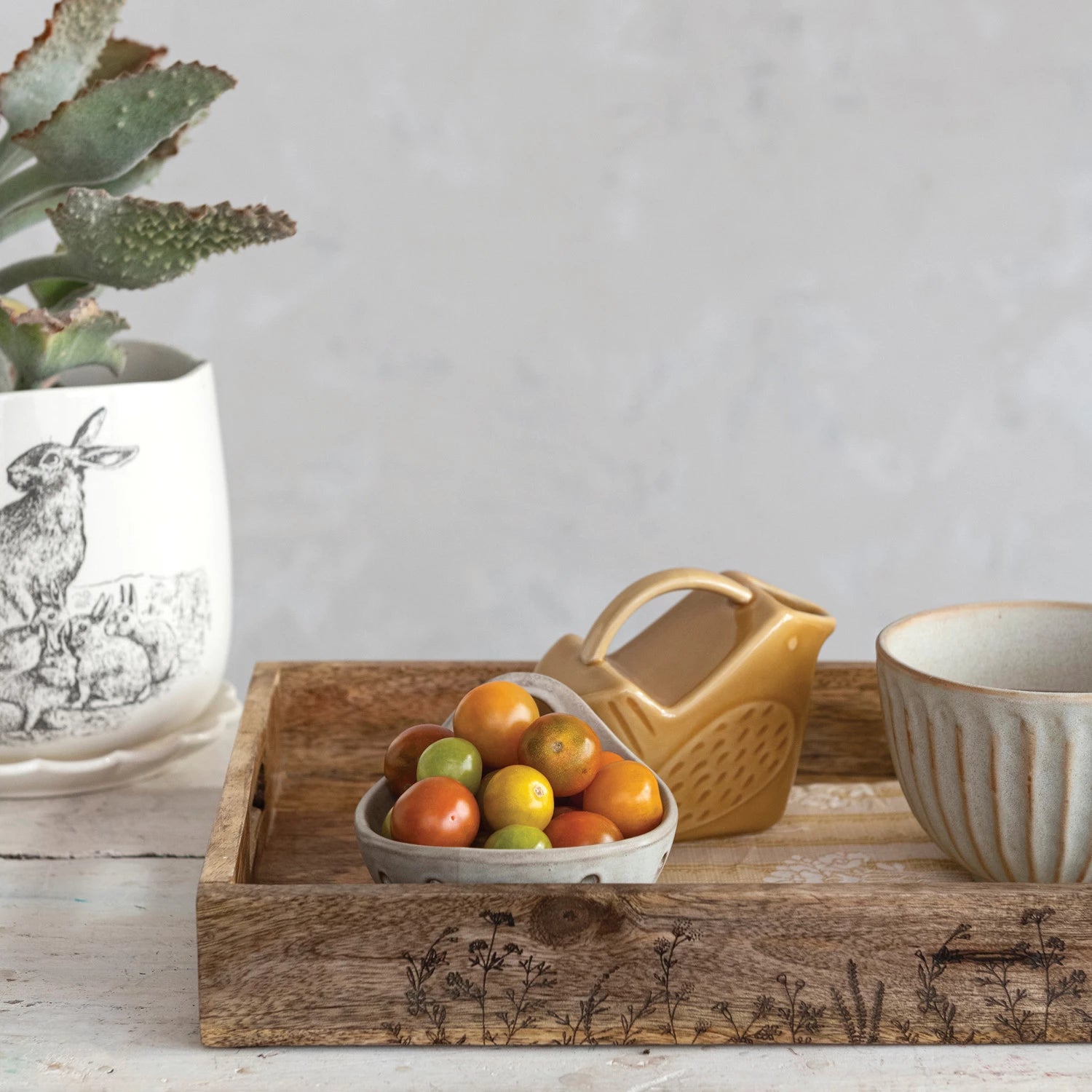 Handmade Etched Botanical Tray - Elegant Wooden Serving Tray with Floral Design for Coffee Table, Dining, and Home Decor | Perfect for Entertaining, Gift Giving, and Rustic Farmhouse Style