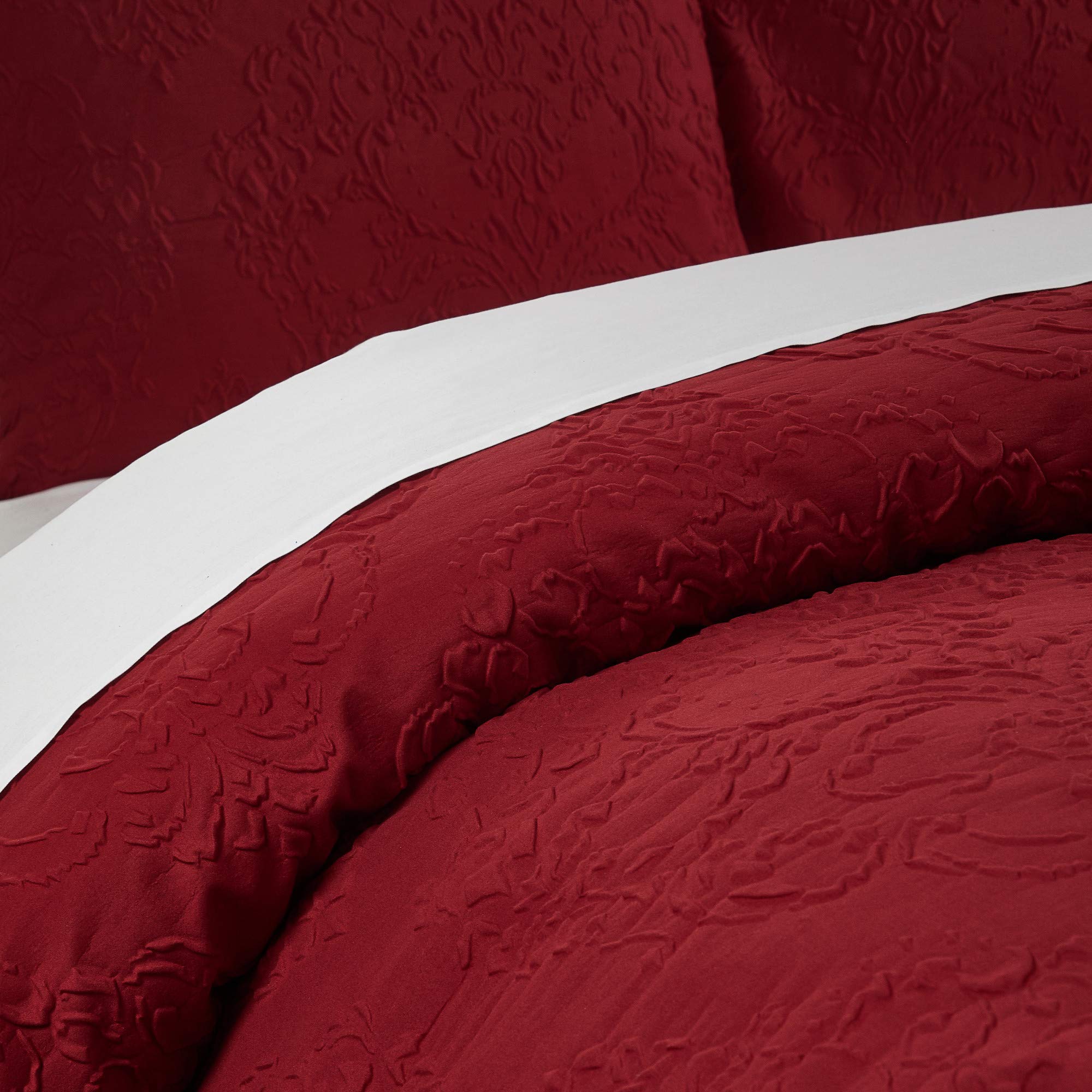 Chic Mayflower 5-Piece Queen Comforter Set with Embossed Medallion Scroll Design - Includes Decorative Pillows & Shams in Brick Red | Perfect for Master Bedroom, Guest Room & Cozy Home Decor