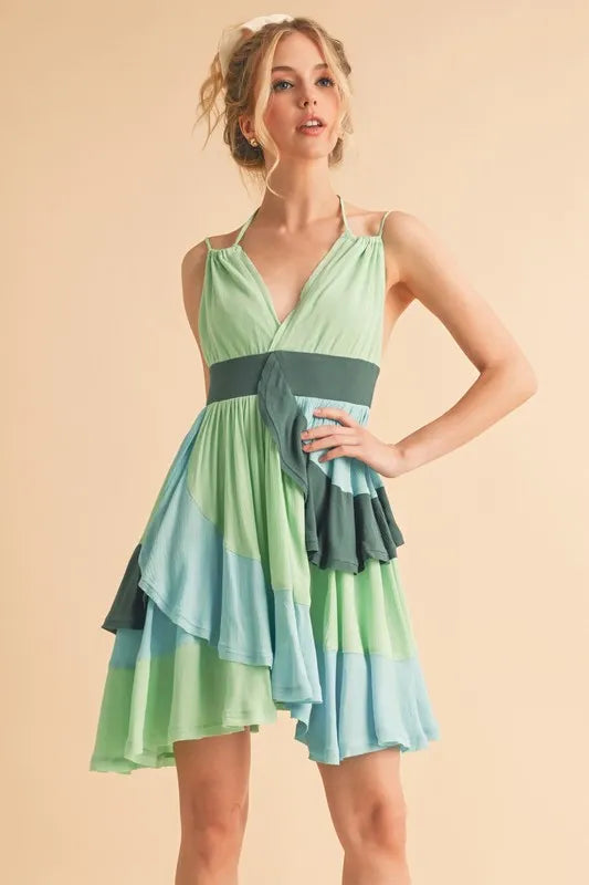 Stylish Green Ruffled Sleeveless Mini Dress for Women - Perfect for Beach Vacation, Summer Party & Resort Wear