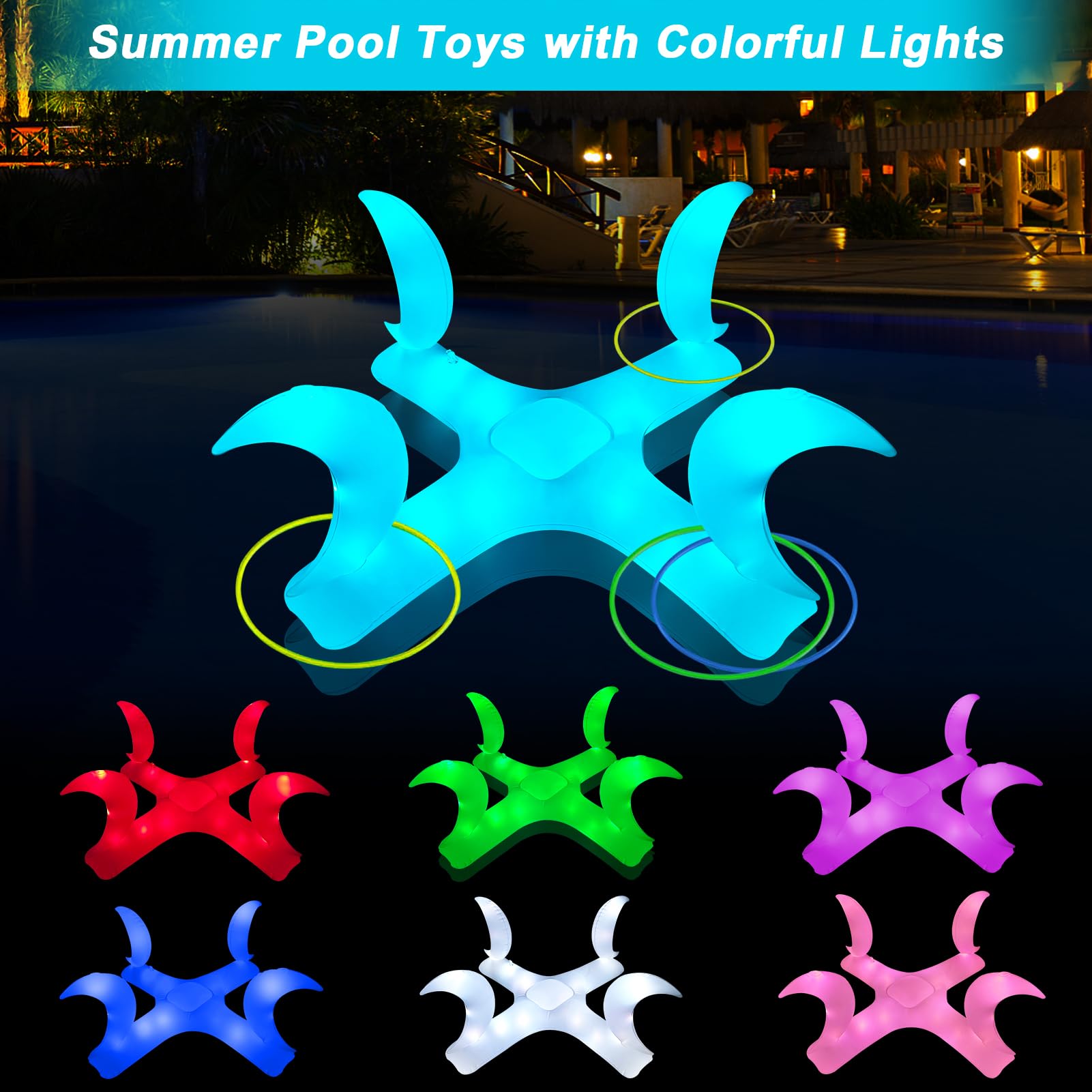 **Solar-Powered Moon Inflatable Pool Ring Toss Game with Colorful LED Lights – 6 Rings Included – Fun Water Toys for Kids, Toddlers & Adults – Perfect for Pool Parties, Summer Fun & Backyard Games**