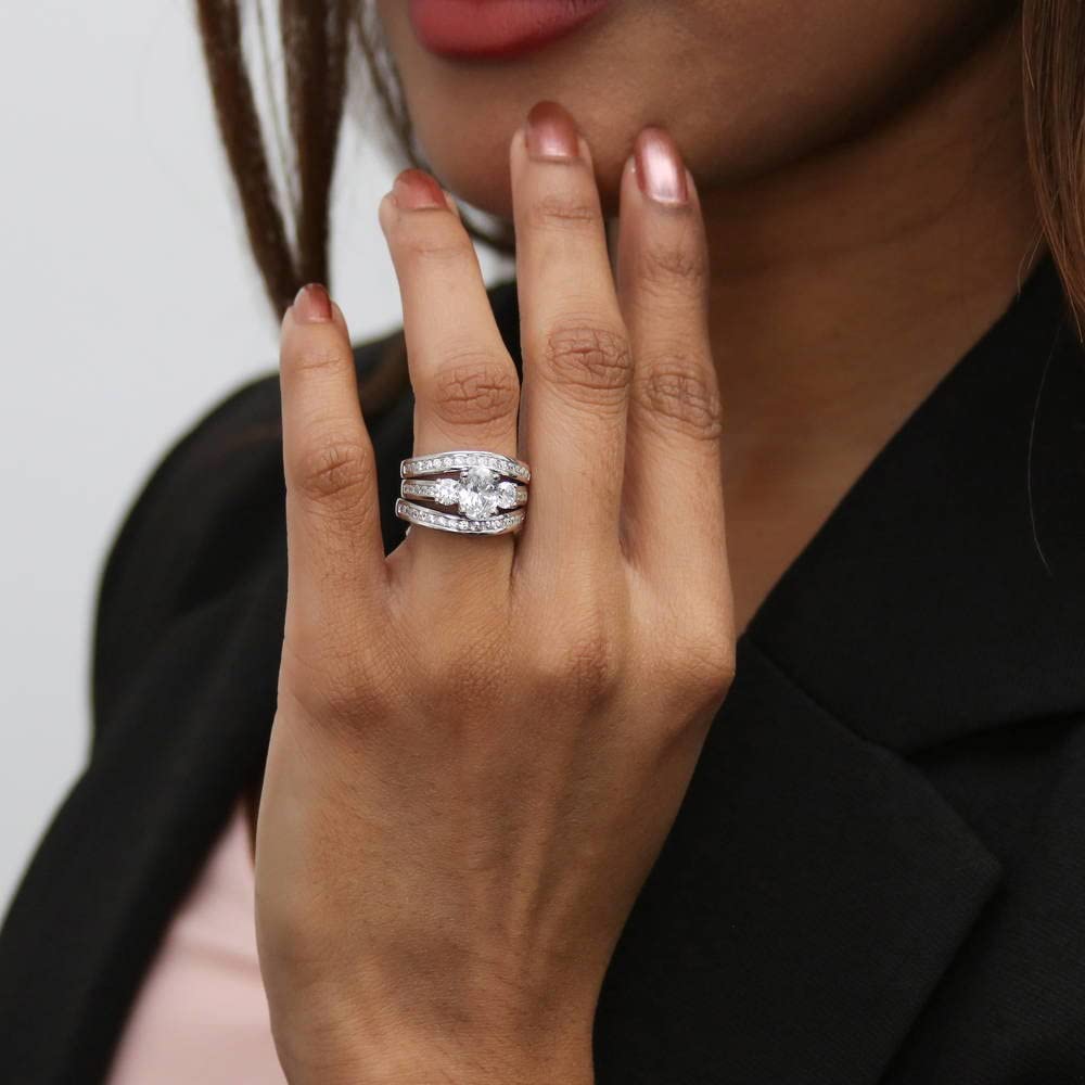 BERRICLE Sterling Silver 3-Stone Oval Cut Cubic Zirconia Engagement Ring Set for Women - 1.2 Carat CZ Wedding Band, Rhodium Plated Size 4-10 - Perfect for Proposals, Anniversaries & Bridal Jewelry