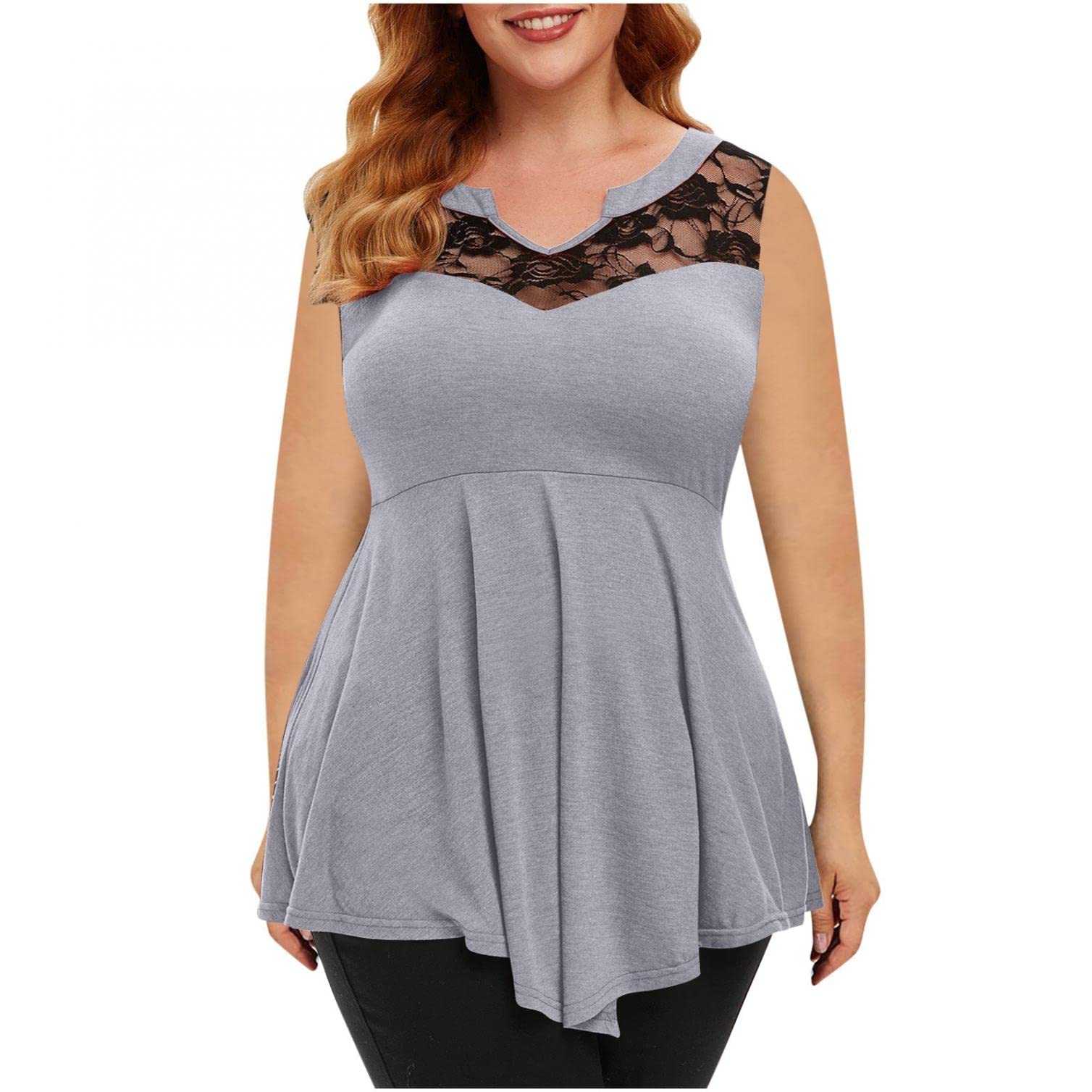 Floral Lace Plus Size Women's Asymmetric Sleeveless Blouse - Elegant O-Neck Tunic Top for Casual Wear & Special Occasions
