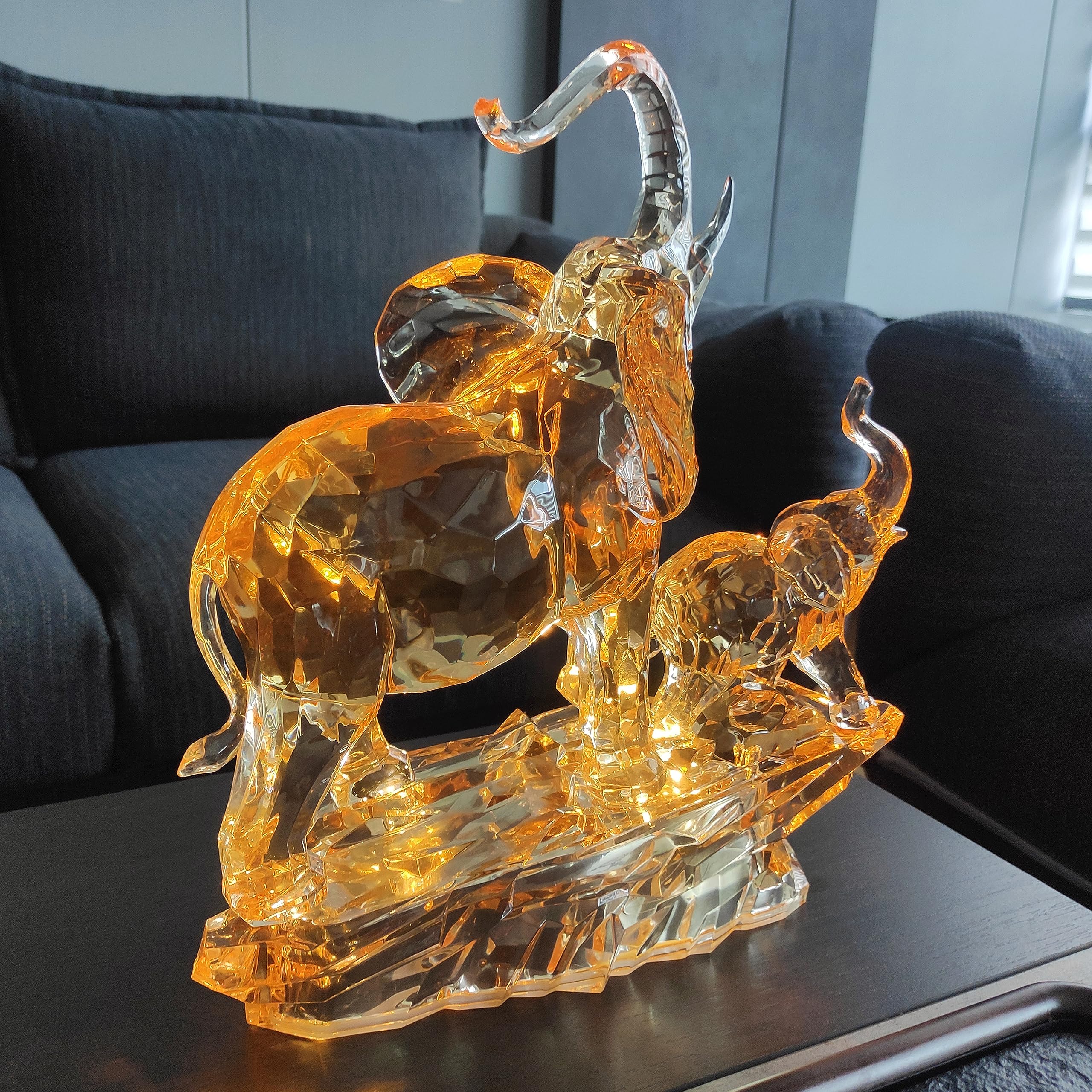 13.87'' Lucky Feng Shui Acrylic Elephant Statue - Mother & Baby African Elephant Figurine with Raised Trunk, Home Decor Gift for Mom, Housewarming, Office Desk & Meditation Space Decoration
