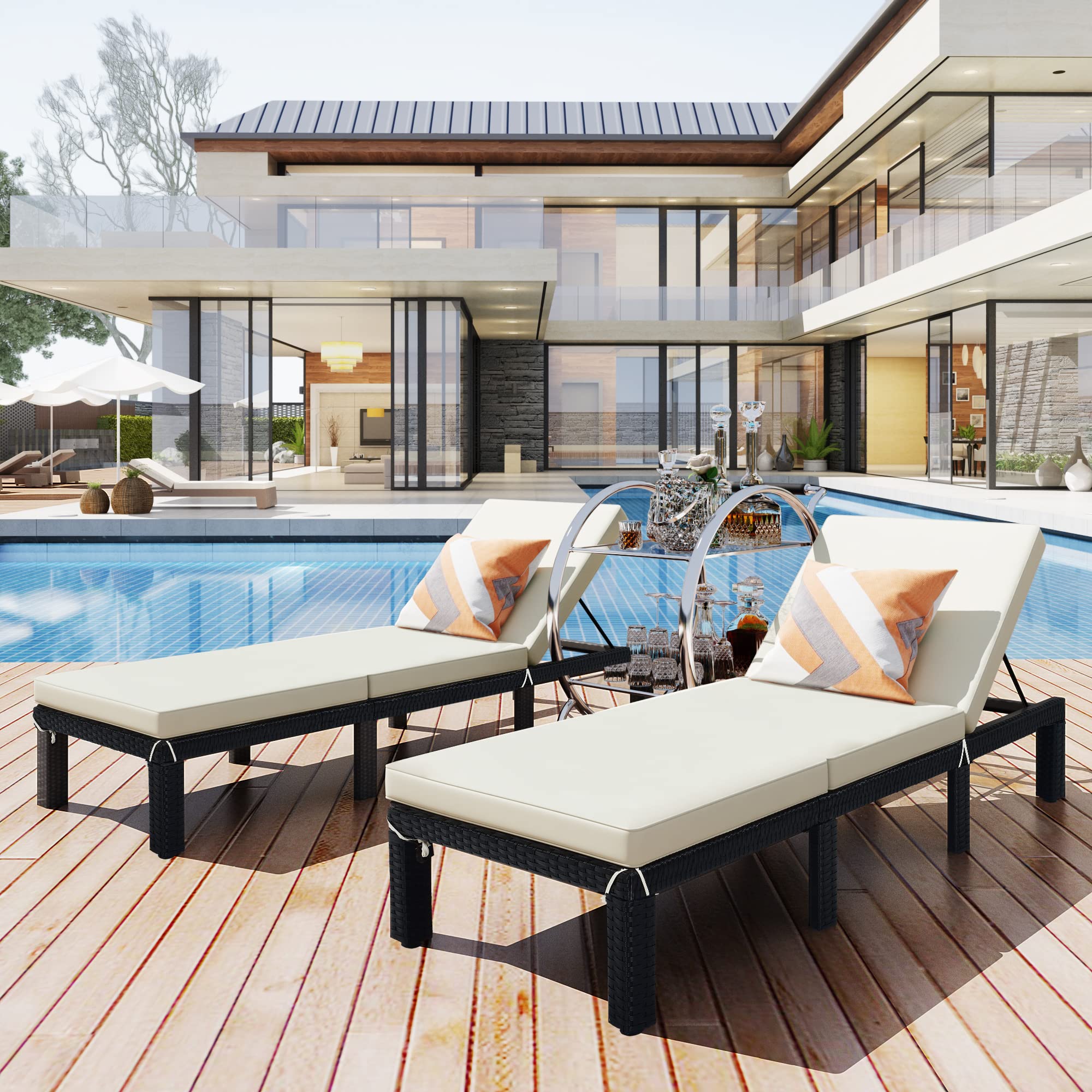 LZ LEISURE ZONE 2-Piece Adjustable PE Rattan Wicker Chaise Lounge Chair Set - Outdoor Patio Furniture for Poolside, Garden, Porch & Backyard - Beige & Black Sunbed for Relaxing, Sunbathing & Lounging