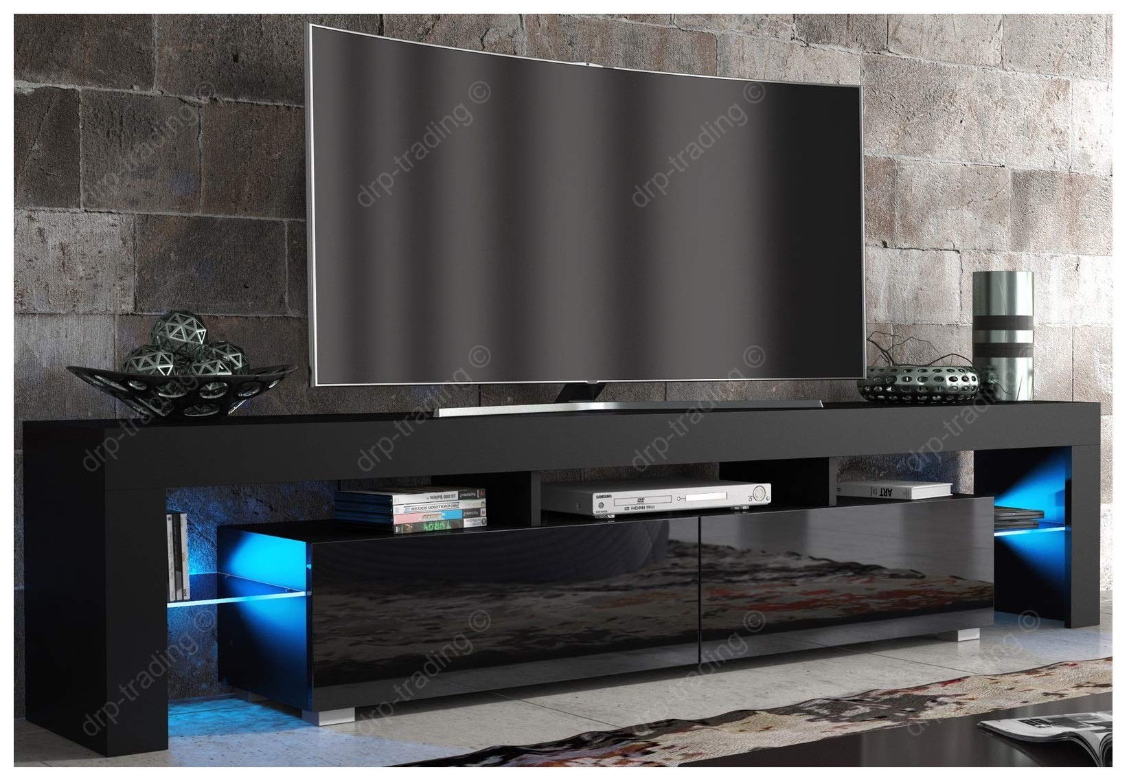DRP Trading 200cm Modern TV Stand Cabinet - Black Matt & High Gloss Finish with Free RGB LED Lights - Sleek Living Room Furniture for 75 Inch TVs - Stylish Media Console with Ample Storage Space - Perfect for Home Theater Setup & Entertainment Centers