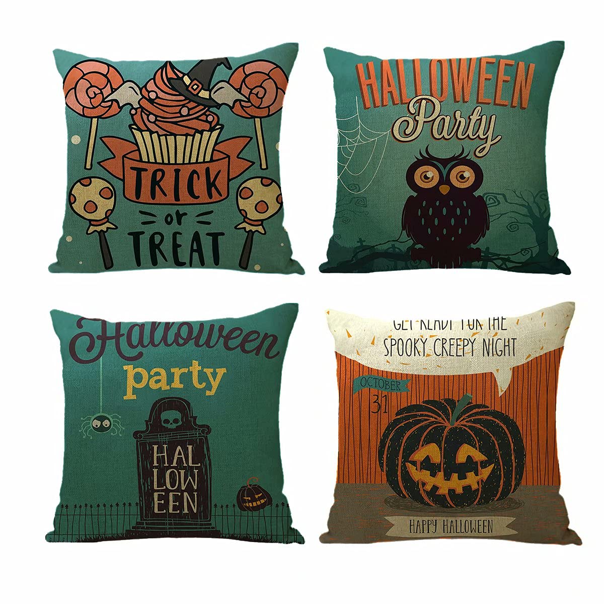Halloween Throw Pillow Covers Set of 4 - 18x18 Inch Pumpkin, Witch, Owl & Ghost Cushion Covers for Sofa, Bedroom, Living Room & Home Decor - Perfect for Halloween Party, Spooky Decor & Seasonal Home Styling