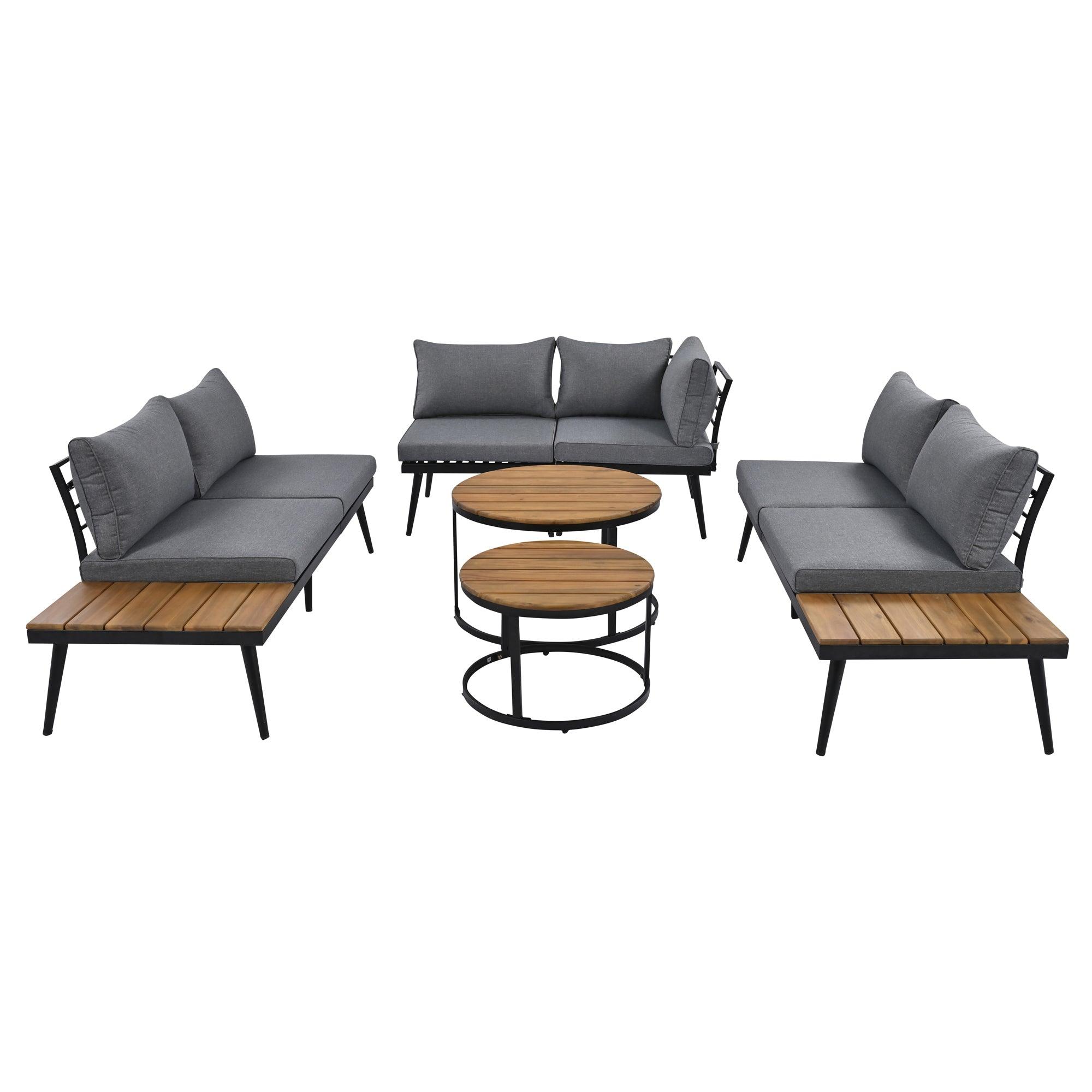 6-Piece Outdoor Sectional Sofa Set with Round Nesting Coffee Tables & Cushioned Seating - Patio, Porch, Garden Furniture for Backyard, Poolside & Outdoor Living Spaces