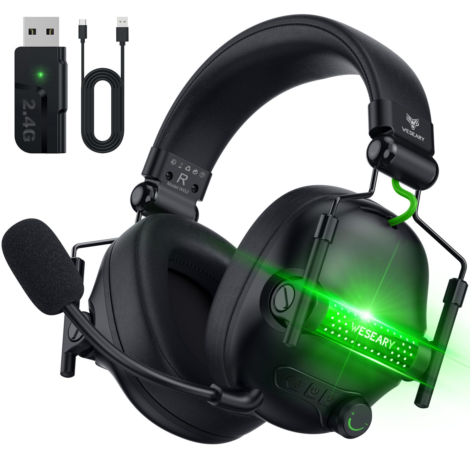 WG2 Wireless Gaming Headset with Microphone - 7.1 Surround Sound Bluetooth Headphones for PS5, PS4, PC, Nintendo Switch & Mac | 2.4GHz Lossless Audio, 50-Hour Battery Life & Cool LED Lights | Perfect for Competitive Gaming, Streaming & Online Chatting