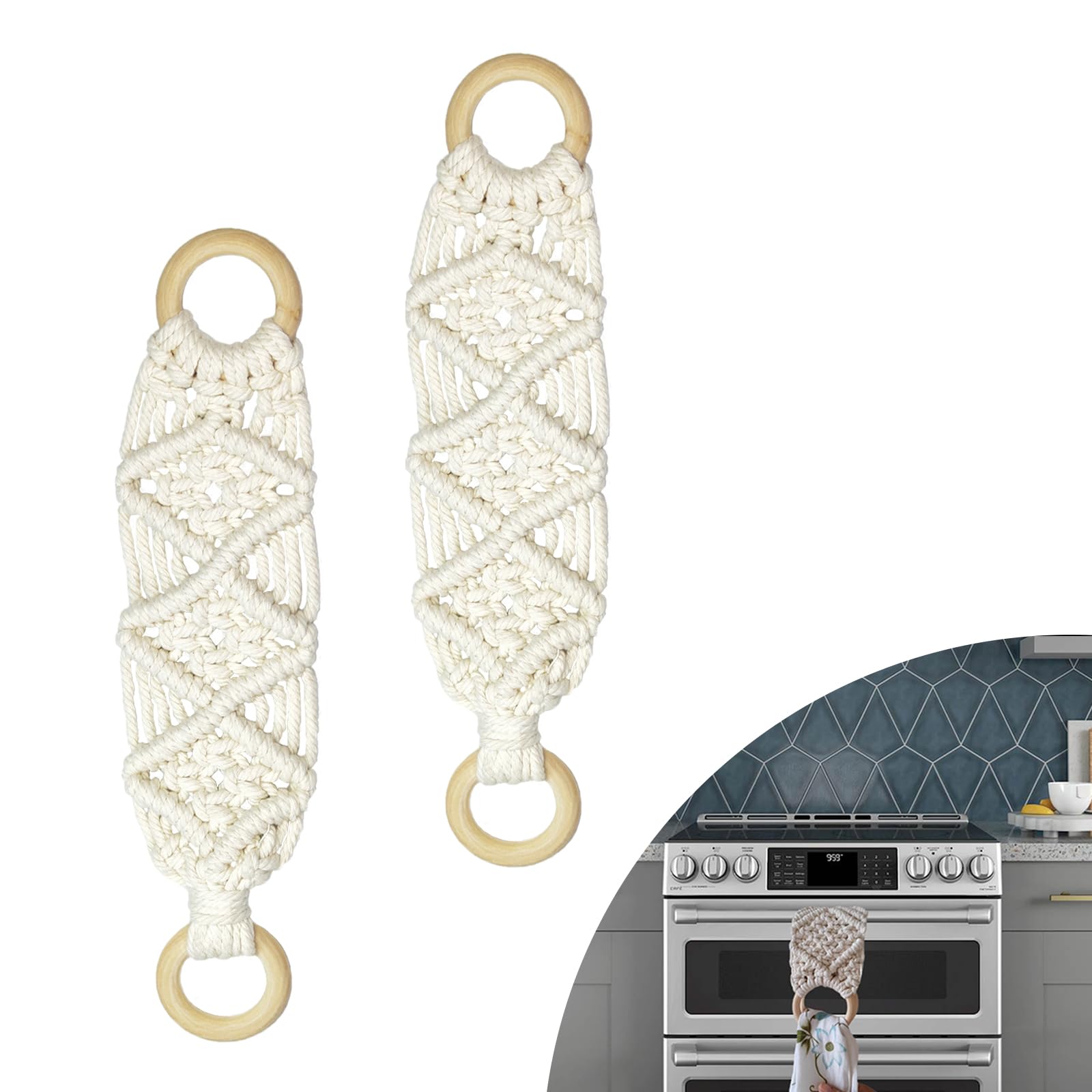 TSBS 2 Pack Natural Cotton Rope & Beech Wood Kitchen Towel Holder - White Boho Style for Oven, Hand Towels & Dish Towels - Perfect for Farmhouse, Rustic & Modern Kitchens