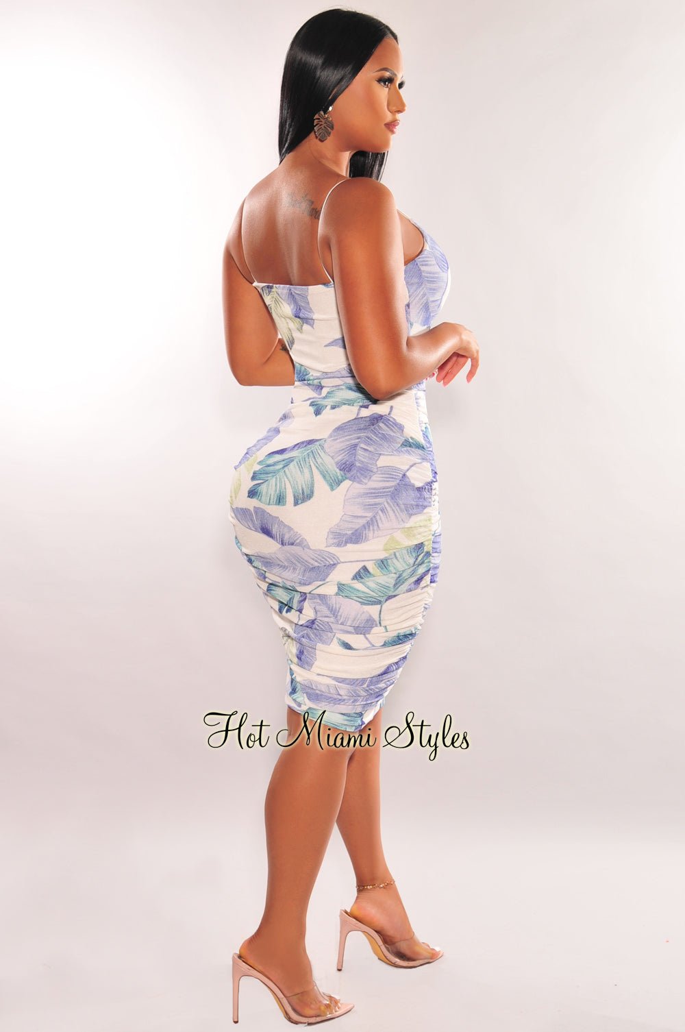 Floral Print Ruched Dress with Elastic Straps - White, Blue, Green - Perfect for Summer Parties, Weddings & Casual Outings
