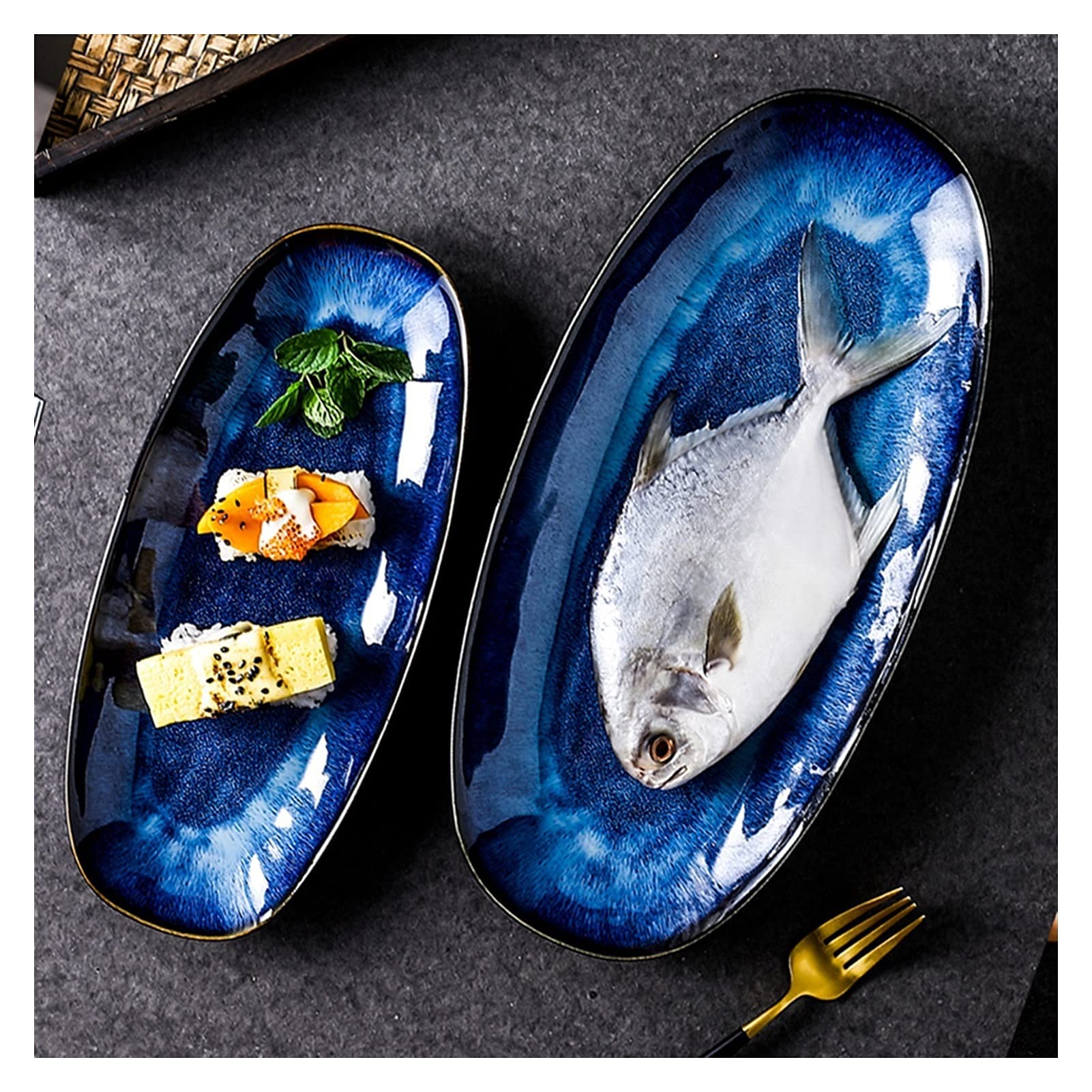 Blue Porcelain Oval Dinner Plates - Elegant Serving Platters for Meat, Appetizers & Desserts | Perfect for Fish Dishes, Dinner Parties & Home Decor
