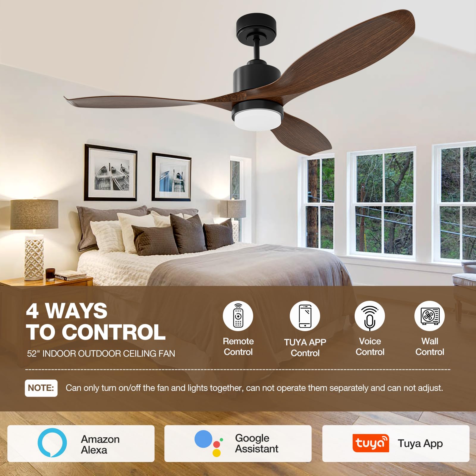 52 Inch Smart Ceiling Fan with Light and Remote Control - Alexa & App Compatible, Reversible 3 Blades, Quiet DC Motor, 6 Speeds, Timer, Dimmable LED - Walnut Finish for Living Room, Bedroom and Office