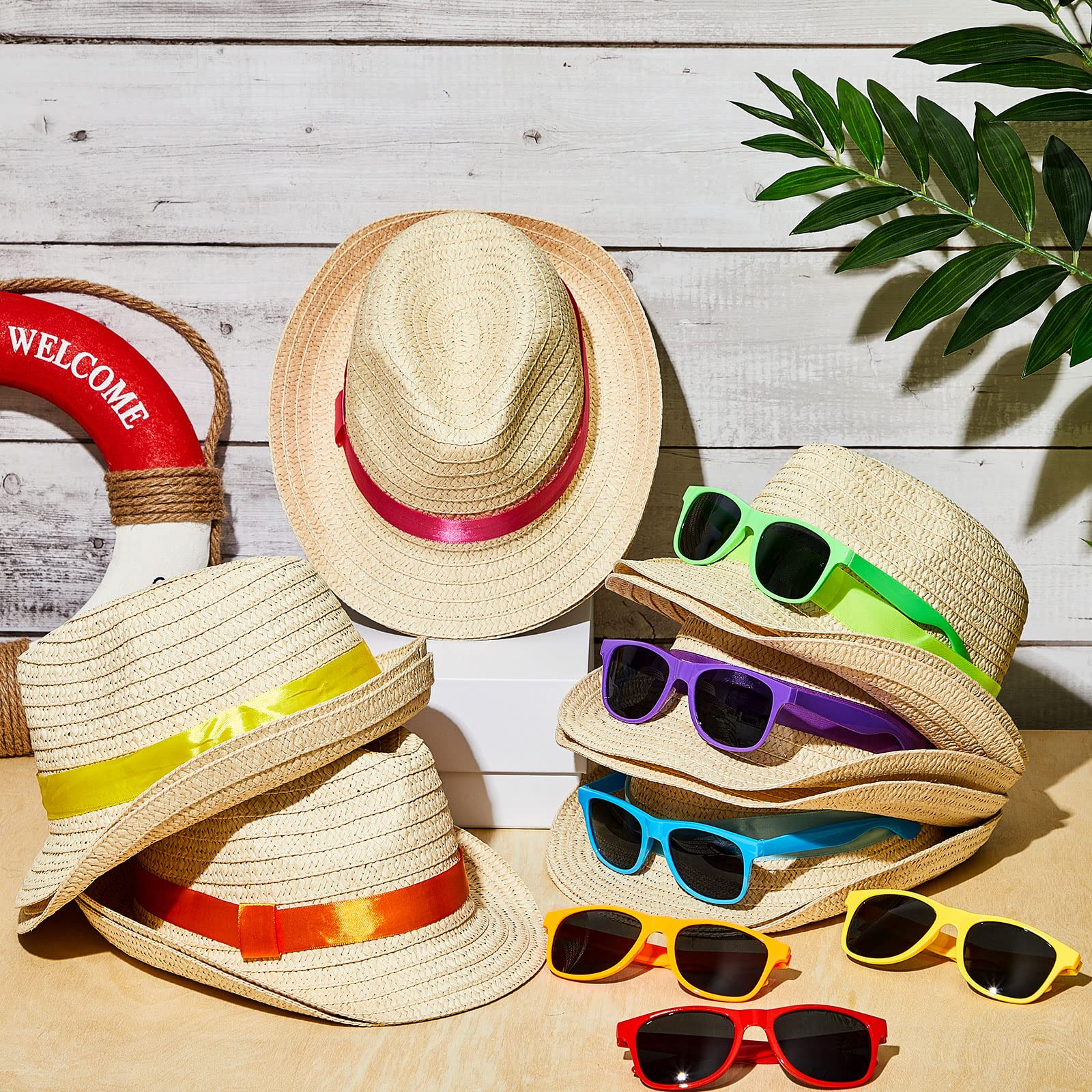 Newcotte Bulk Party Hats - Straw Hats & Fedora Hats with Sunglasses - Hawaiian & Havana Cuban Style - Perfect for Birthday Parties, Luaus & Summer Events
