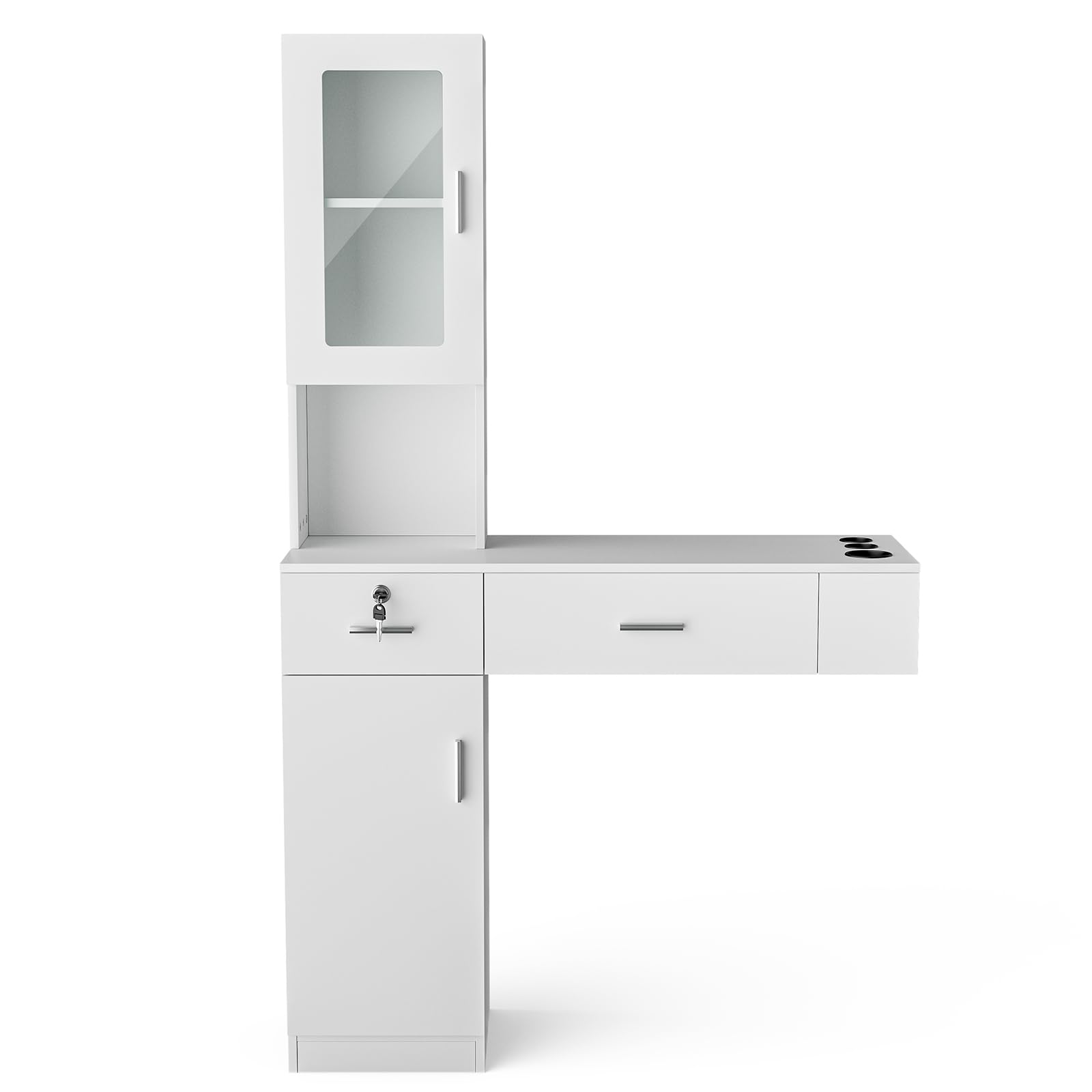 Professional Wall Mount Hair Salon Station - Barber Styling Storage Cabinet with Glass Door, 2 Drawers & 3-Tier Shelves (White) | Perfect for Salon Organization, Home Barber Setup & Beauty Studio Storage
