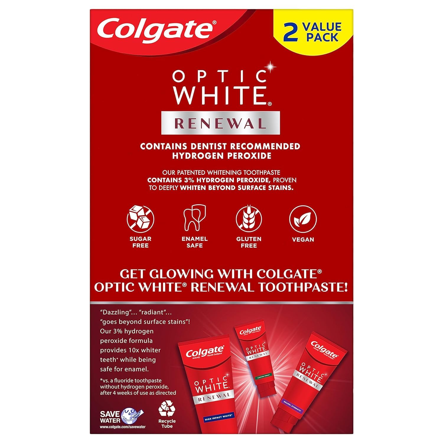 Colgate Optic White Renewal Teeth Whitening Toothpaste - Enamel Strengthening & Stain Removal, 2 Pack (3 Oz Tubes) - Brighten Smile for Date Night & Professional Confidence