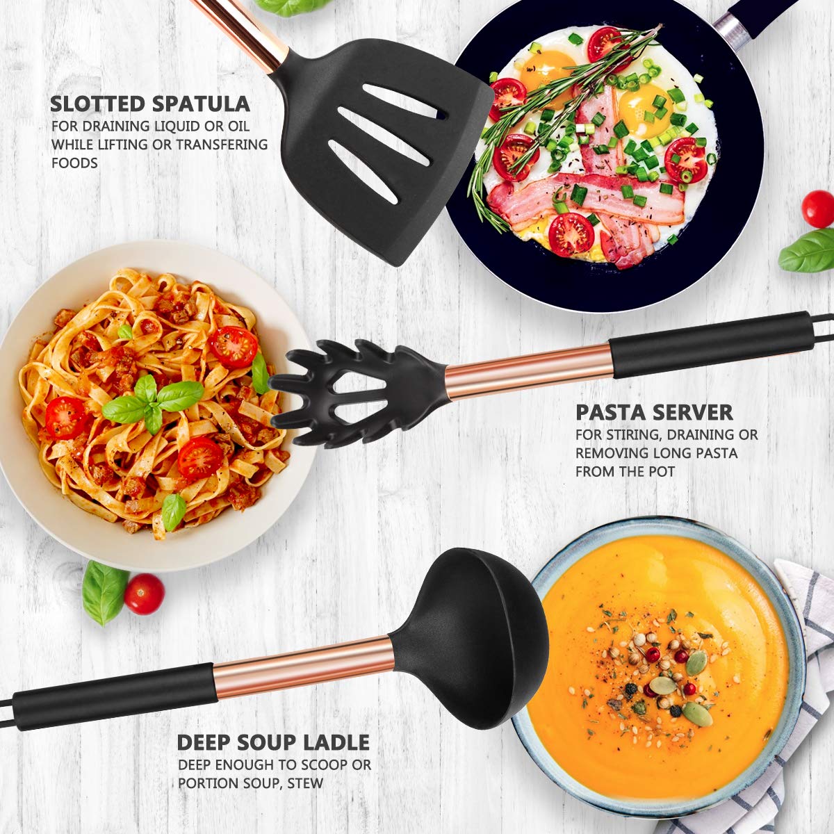 14-Piece Silicone Cooking Utensil Set - Non-Stick, Heat Resistant Kitchen Tools with Copper Stainless Steel Handles (Turner, Tongs, Spatula, Spoon) - BPA Free & Non-Toxic - Perfect for Baking, Frying & Everyday Cooking