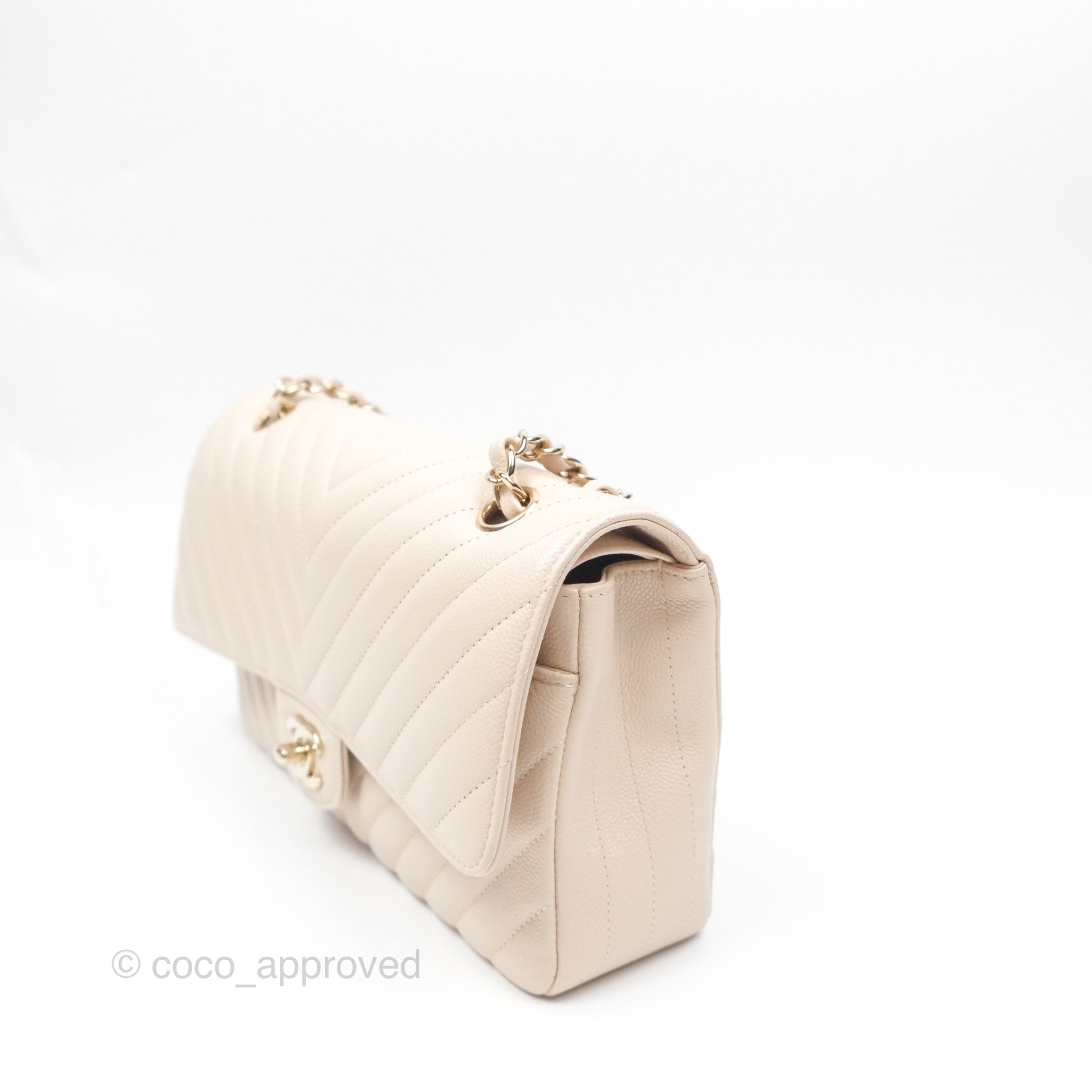 Chanel Classic Medium Double Flap Bag Chevron Light Beige Caviar Leather Gold Hardware 20B - Luxury Designer Handbag for Women, Perfect for Work, Evening Events & Special Occasions