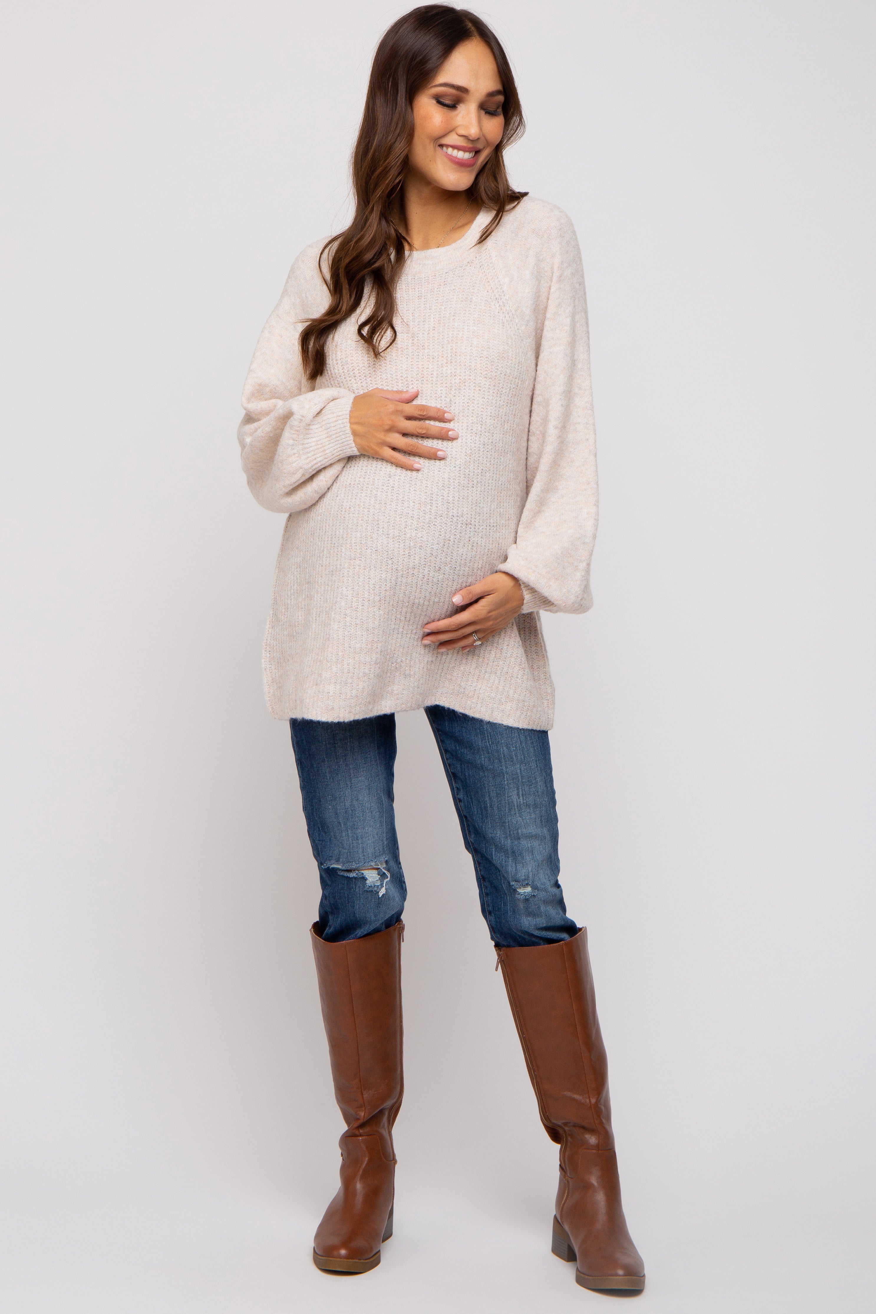 Cozy Beige Soft Brushed Maternity Sweater for Pregnant Women - Perfect for Casual Wear, Nursing & Pregnancy Comfort