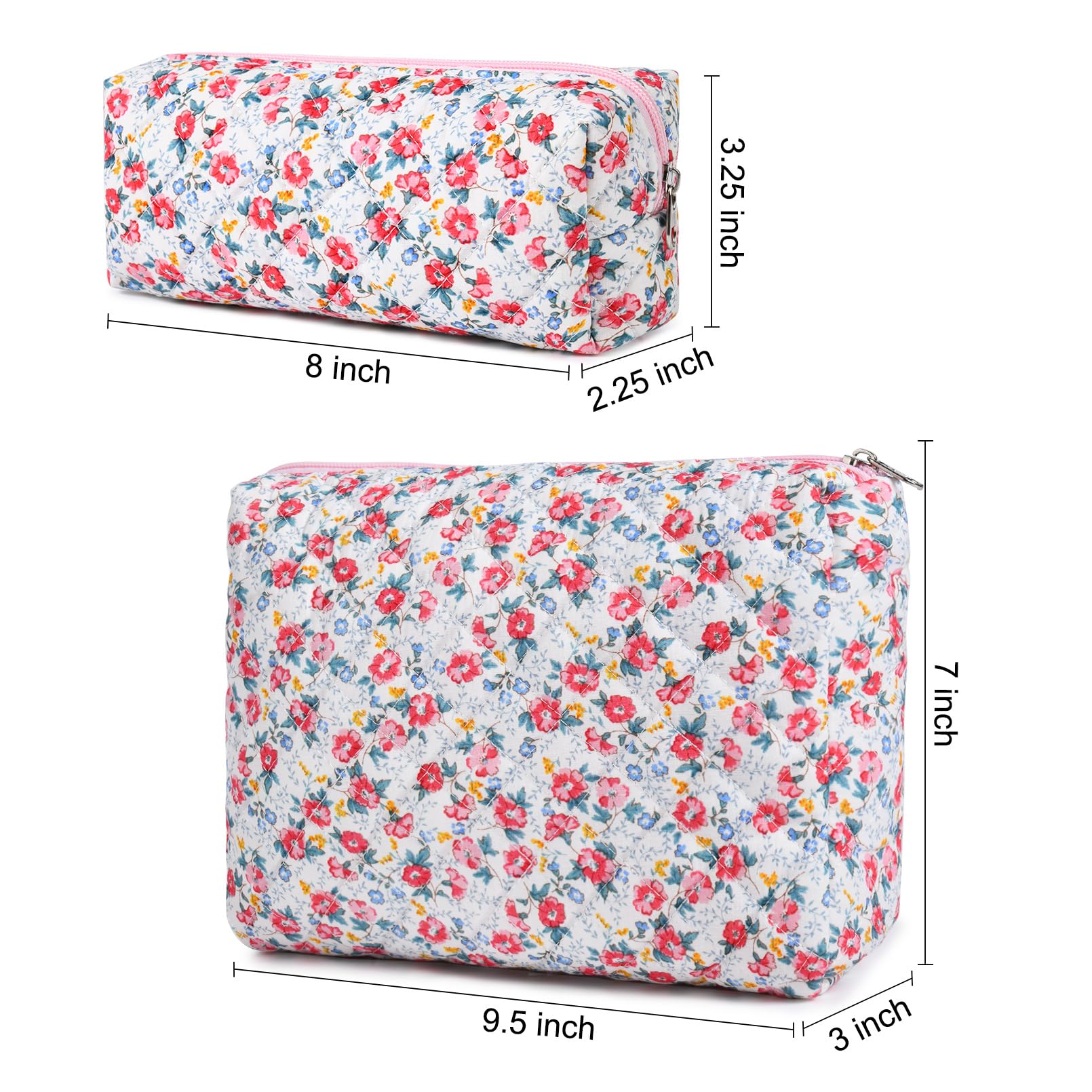 2 Pcs Quilted Floral Cosmetic Bags for Women - Large Cotton Travel Makeup Organizer, Puffer Toiletry Pouch for Girls - Perfect for Travel, Gym & Daily Beauty Essentials Storage