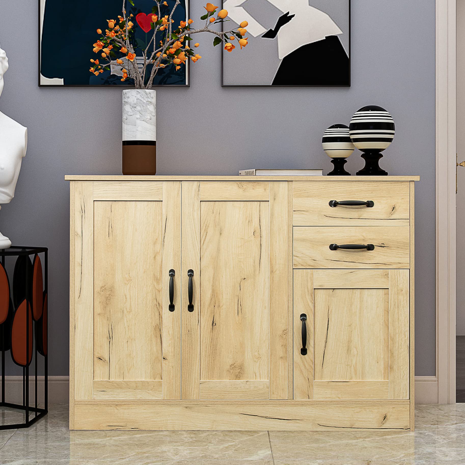 Amposei 43-Inch Sideboard Buffet Cabinet with Drawers & Adjustable Shelves - Solid Oak Kitchen Storage Credenza for Dining Room, Living Room | Perfect for Entertaining, Displaying China & Organizing Tableware