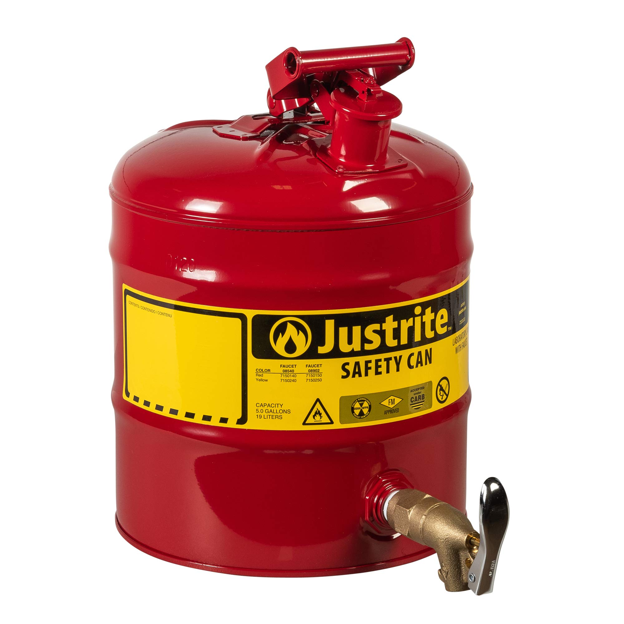 Justrite 7150150 Type I Galvanized Steel Laboratory Safety Shelf Can with Rigid Brass Safety Bottom Faucet - 5 Gallon Capacity, Red - Ideal for Chemical Storage, Lab Safety & Industrial Use