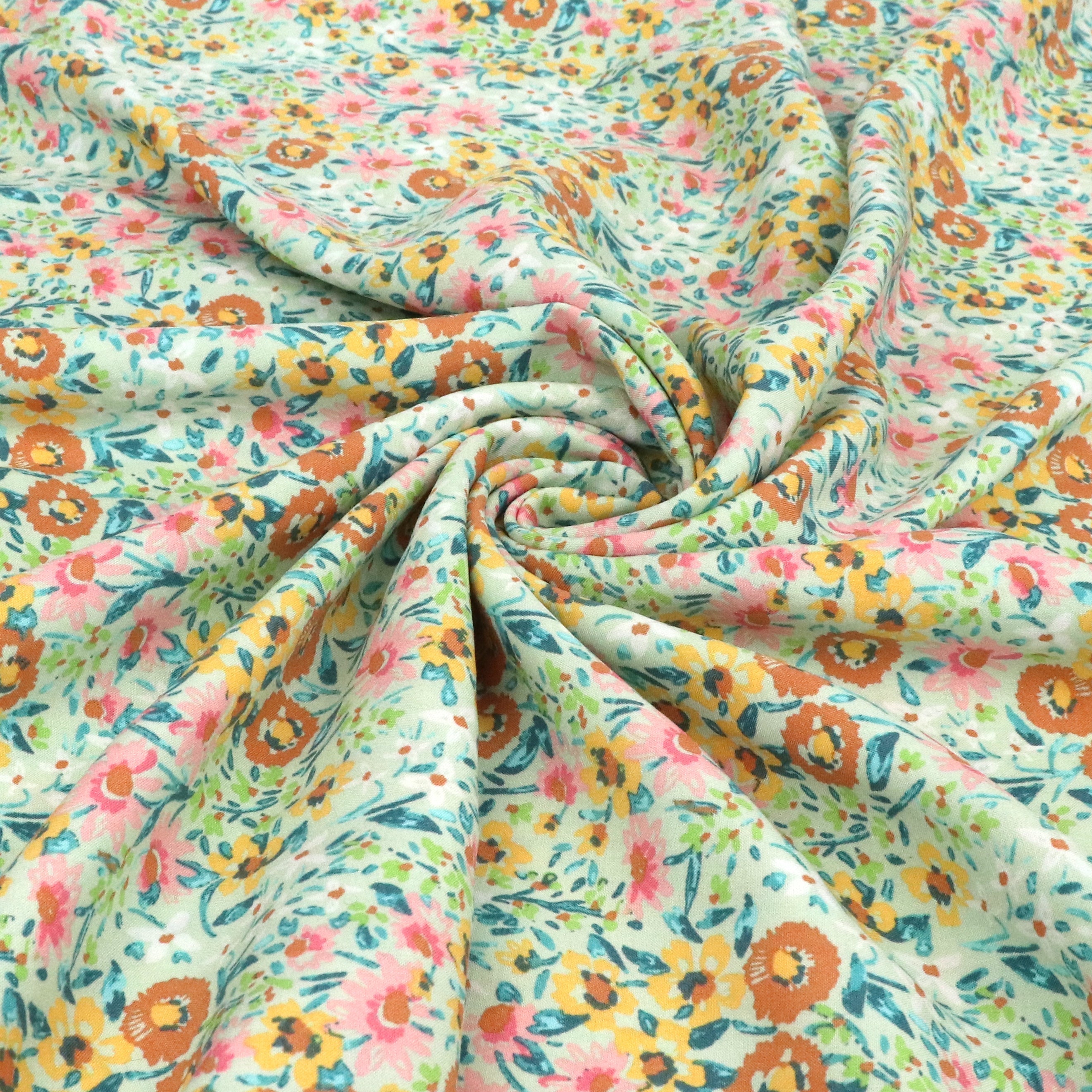 Premium Viscose Poplin Fabric - Floral Field Green Print - Soft & Breathable Material for Dresses, Blouses & DIY Sewing Projects - Perfect for Spring & Summer Fashion