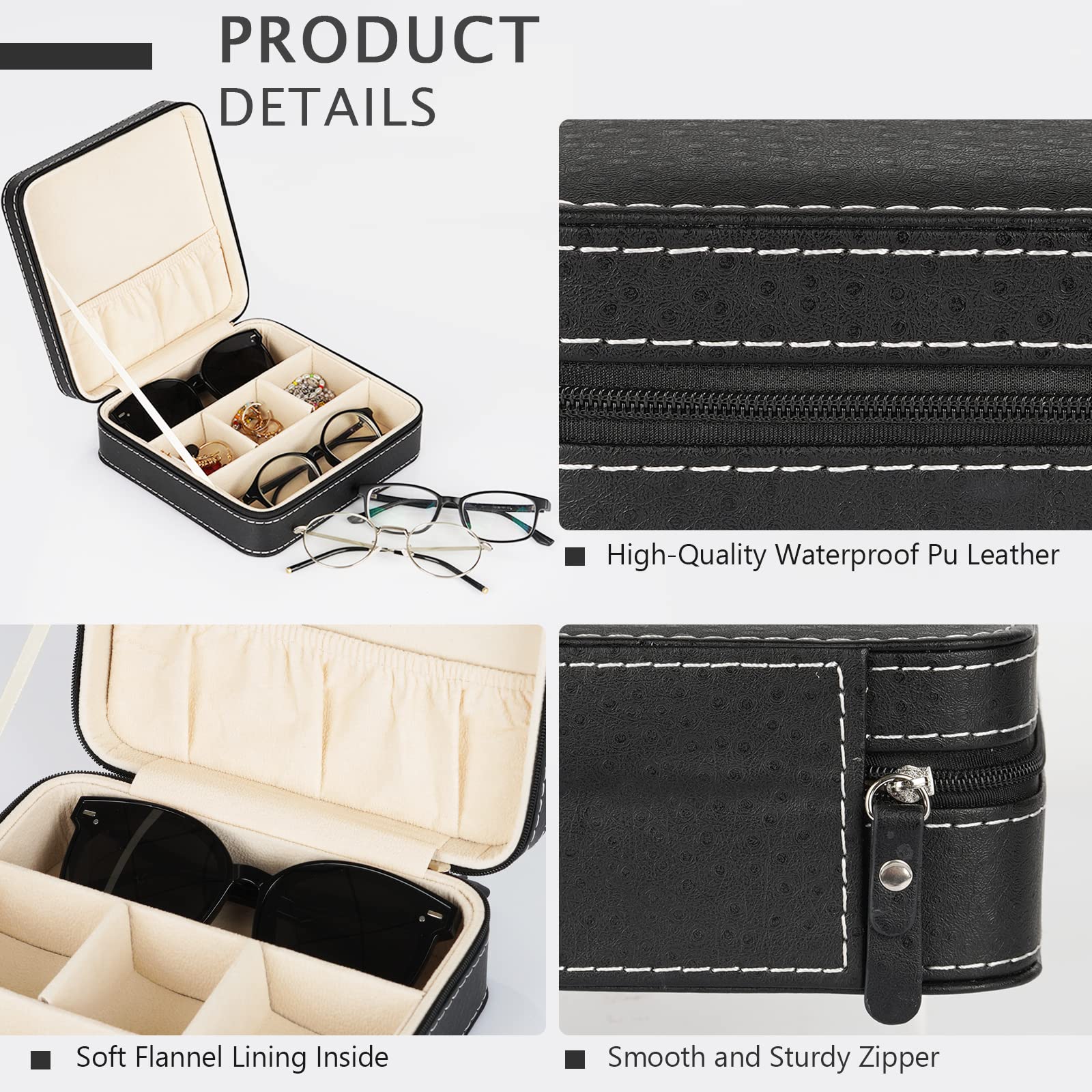 Portable 3-Slot Sunglasses Case - Travel Glasses Organizer with Zipper Closure, Leatherette Jewelry Display Box for Eyewear Collector | Perfect for Travel, Home Storage & Gift Giving