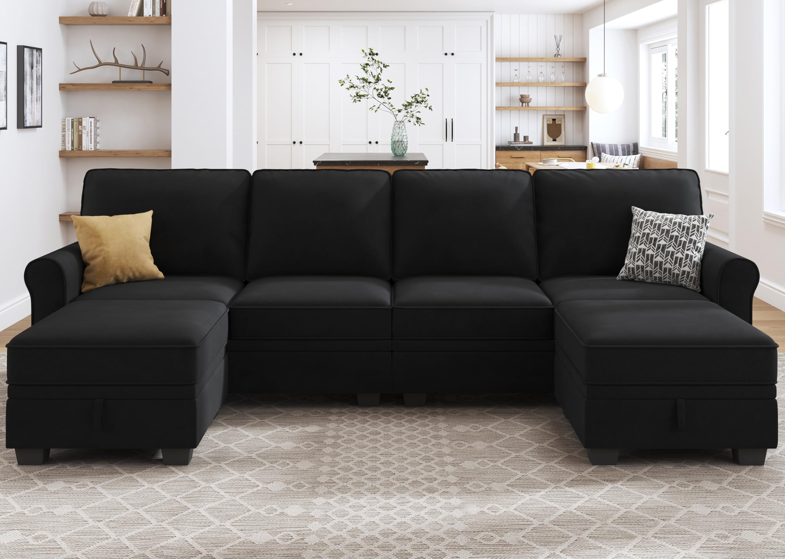HONBAY U-Shaped Sectional Sofa with Storage Seat & Reversible Chaise - Convertible Velvet Couch for Living Room, Black - Perfect for Small Spaces & Family Gatherings