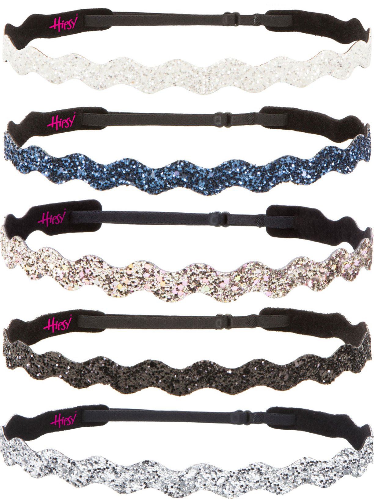 Hipsy Women's Adjustable No Slip Bling Glitter Wave Headbands - 5 Pack (Wave Silver/Black/Rose Gold/Navy/White) - Perfect for Workouts, Yoga, Running and Fashion Accessories