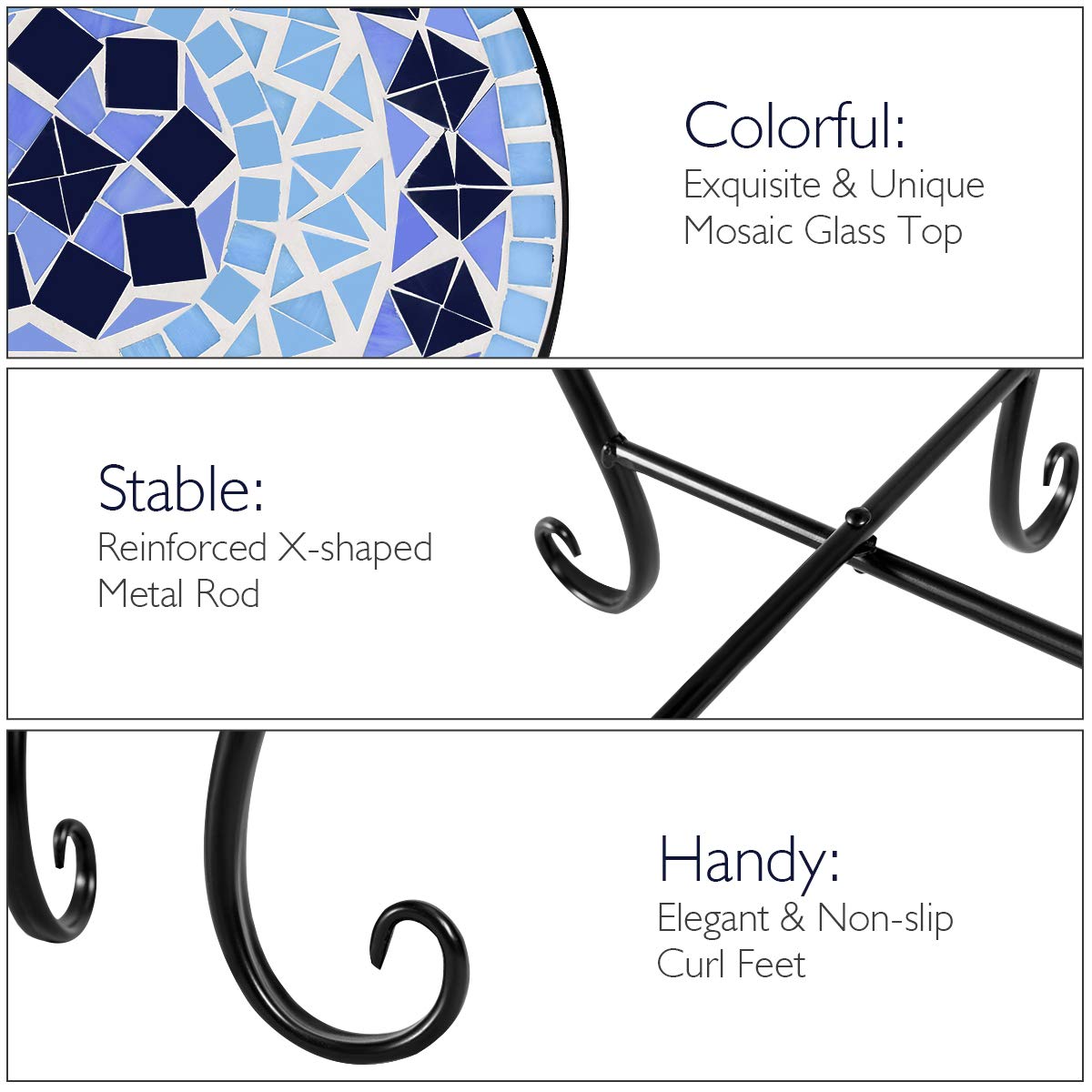 RELAX4LIFE 14 Inch Round Mosaic Side Table with Tempered Glass Top & Sturdy Steel Frame - Outdoor End Table for Patio, Lawn, Garden, Balcony & Home Decor (Blue) | Perfect for Poolside Lounging, BBQ Parties & Small Space Living