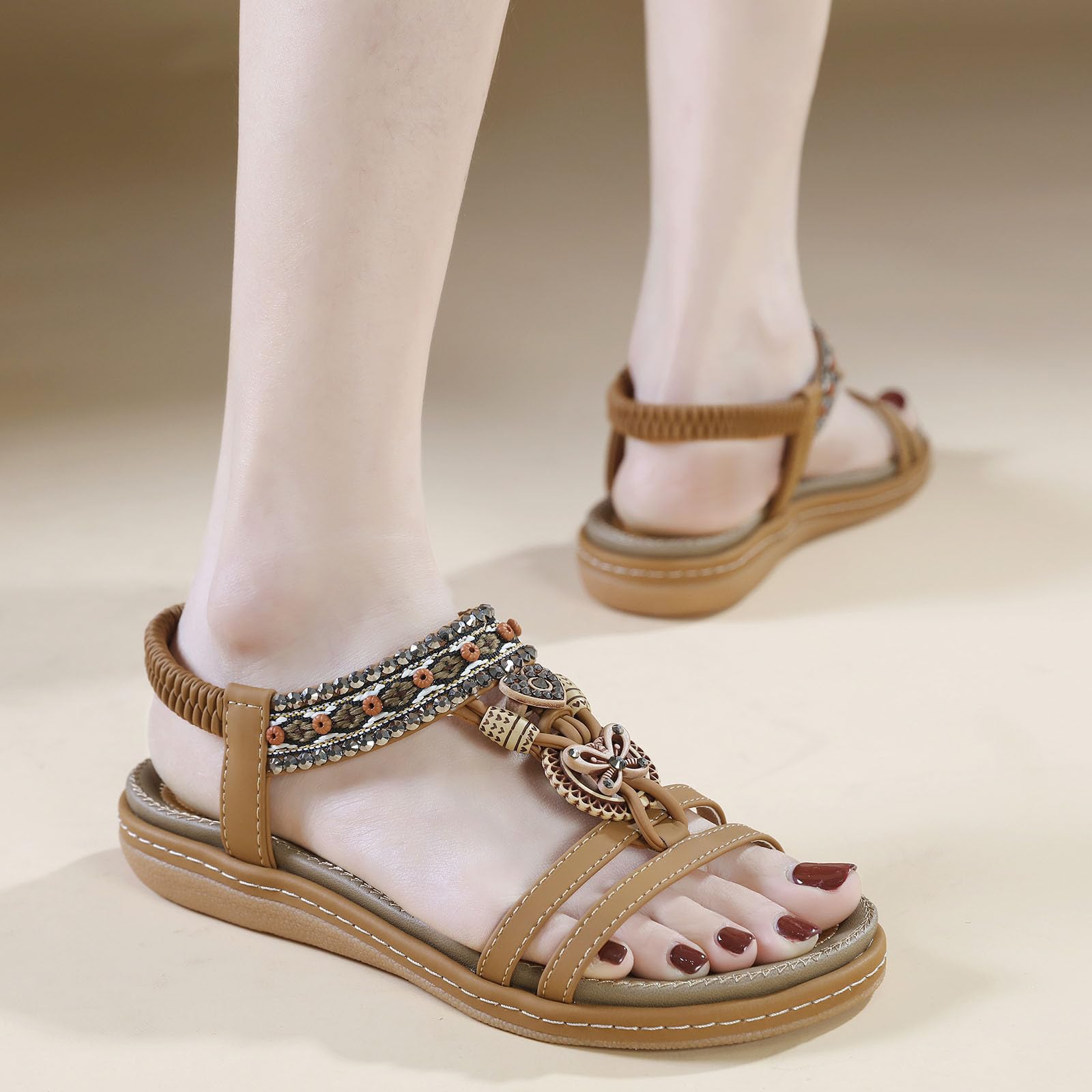 Women's Summer Sandals - Flat Slip-On Open Toe Roman Sandals with Crystal Accents | White Casual Dress Sandals for Beach, Vacation & Everyday Wear