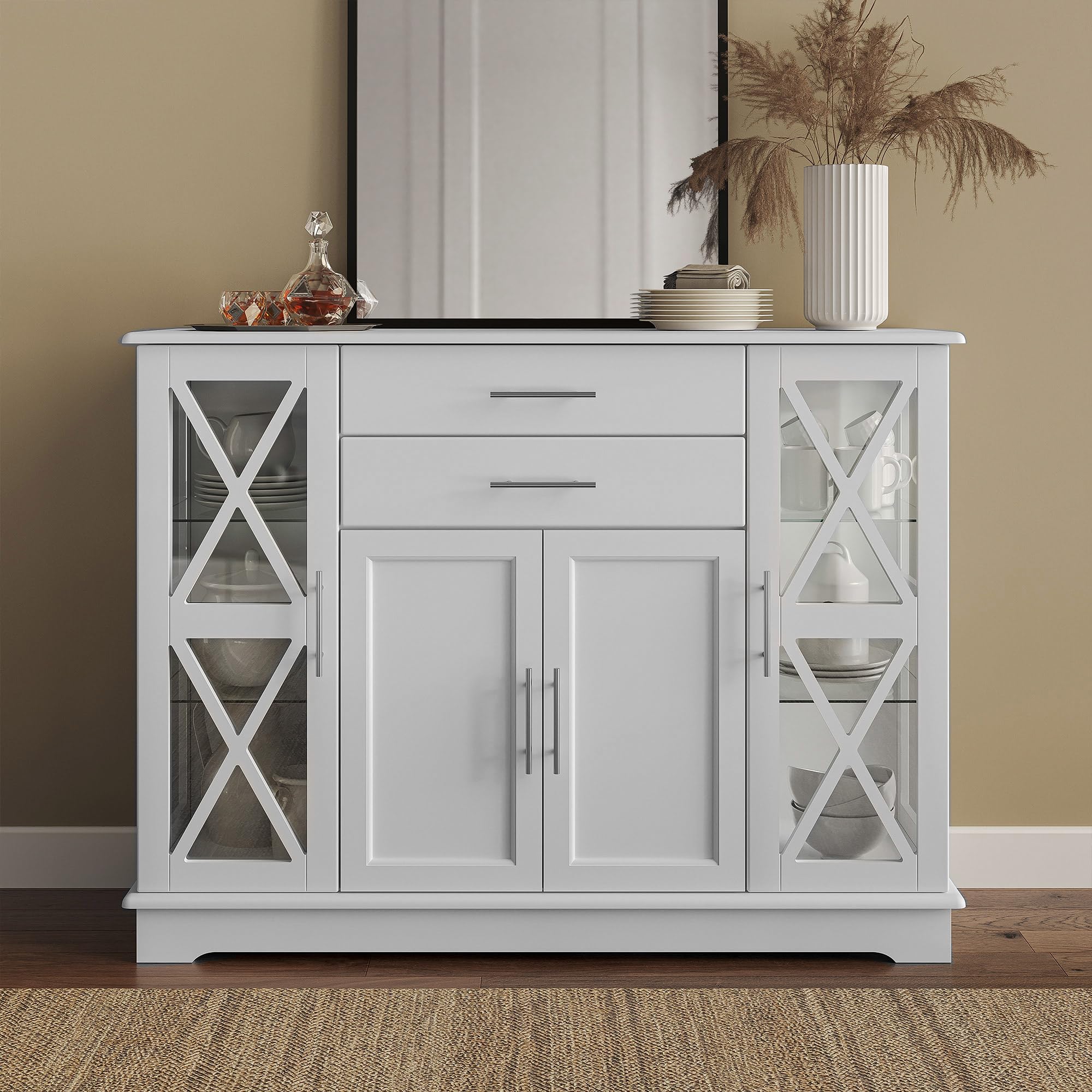 BELLEZE 47 Inch White Sideboard Buffet Cabinet - Storage Console Table, Coffee Bar, Kitchen Cupboard & Pantry Organizer with Glass Display Doors - Perfect for Living Room, Entryway & Dining Room Decor