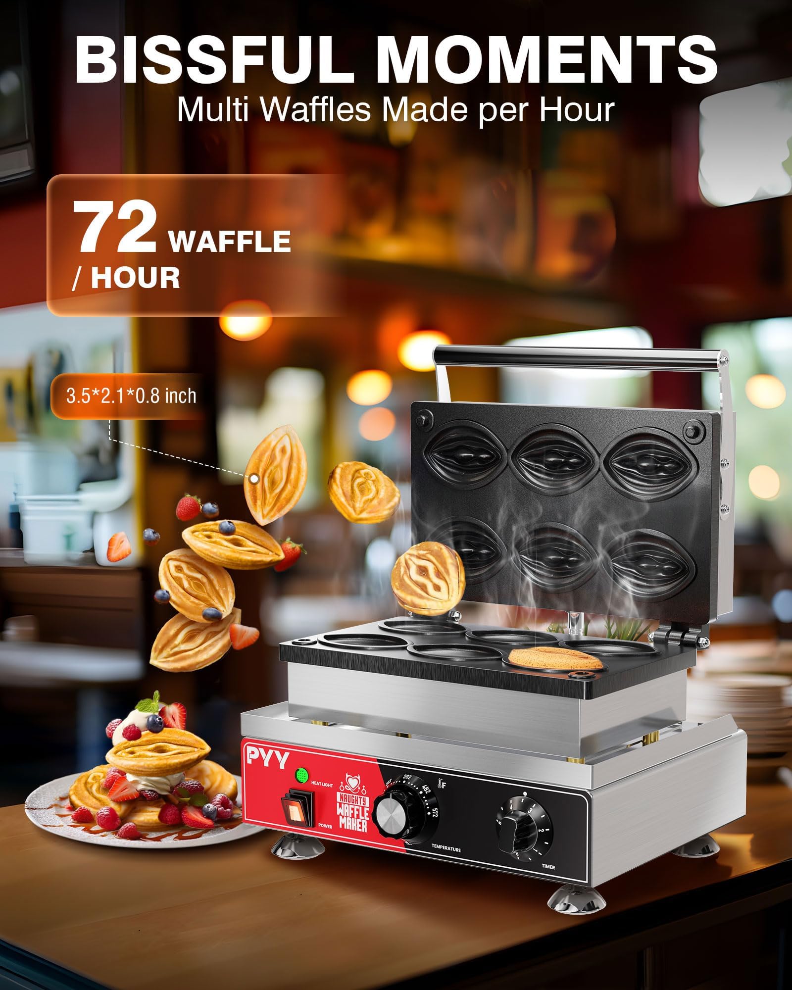 Commercial Waffle Maker - 6-Piece Unique Abalone Shape Waffle Iron with Non-Stick Coating, 1600W Electric Stainless Steel Double-Sided Removable Plates, Adjustable Temperature 122-572°F - Perfect for Restaurants, Cafes, and Home Breakfast Cooking
