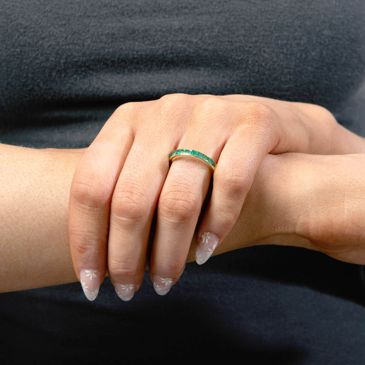 OGI Estate 18k Gold Emerald Half Eternity Band Ring - Elegant Wedding, Engagement & Anniversary Jewelry Gift for Women