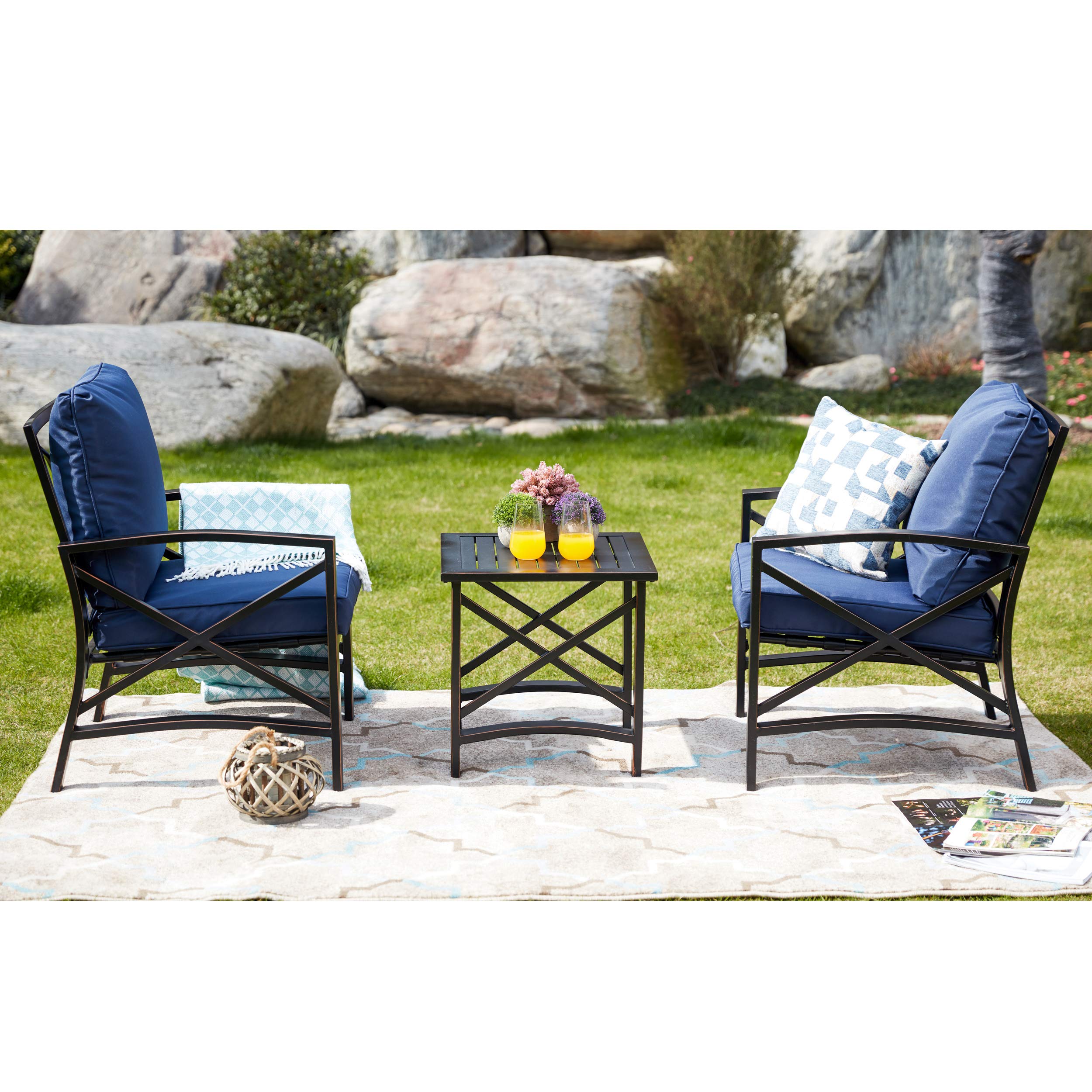 LOKATSE HOME 3-Piece Outdoor Patio Furniture Set - Metal Bistro Chairs with Cushions & Table in Blue | Perfect for Garden, Backyard, Poolside & Balcony Relaxation