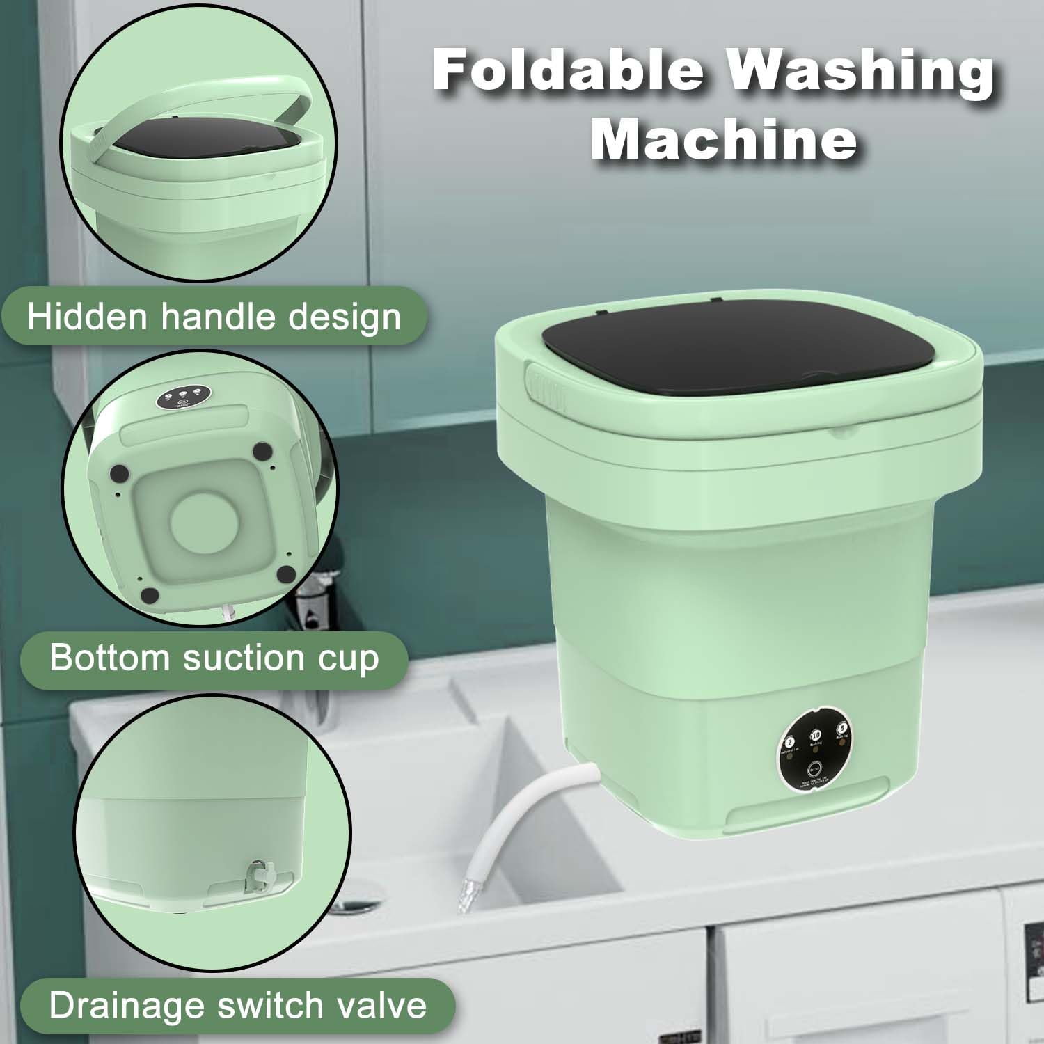 Portable Washing Machine 11L Large Capacity - Compact Collapsible Mini Washer & Dryer with Spin Function for Travel, Apartments, Camping - Perfect for Socks, Underwear & Baby Clothes (Green) | Space Saving Laundry Solution for Small Homes & Dorms