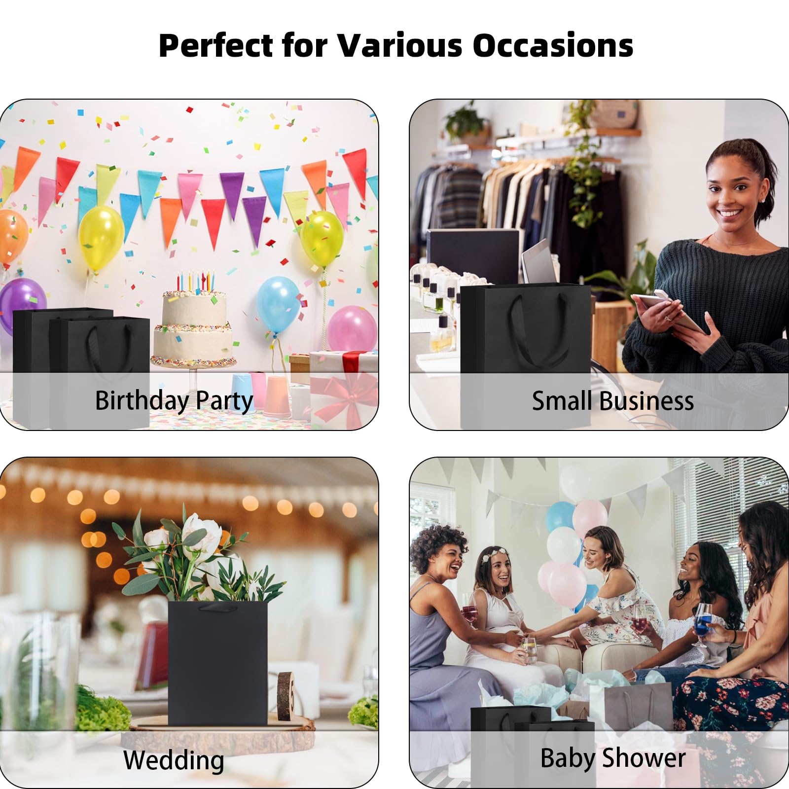 12 Pack Black Gift Bags with Ribbon Handles - 8x4.75x10 Inch Medium Kraft Paper Bags for Party Favors, Business Gifts, Weddings, Holidays & Christmas - Perfect for Birthday Parties, Corporate Events and Festive Celebrations