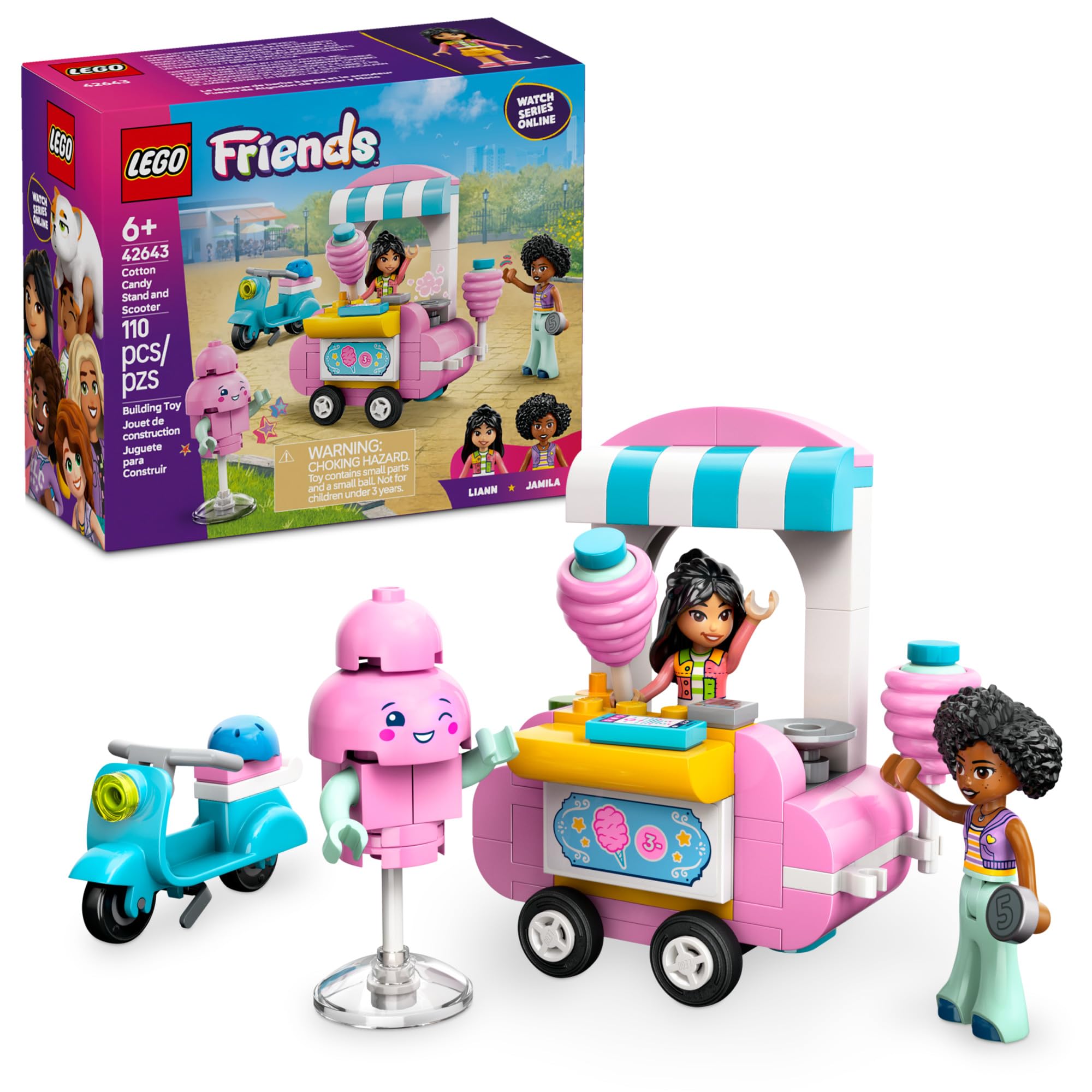 **LEGO Friends Cotton Candy Stand and Scooter Building Toy Set for Kids Ages 6+ - Pretend Play with 2 Minidolls, Wheelable Food Cart & Accessories - Perfect Birthday Gift for Girls & Boys - Creative Play for Parties & Playdates - 42643**