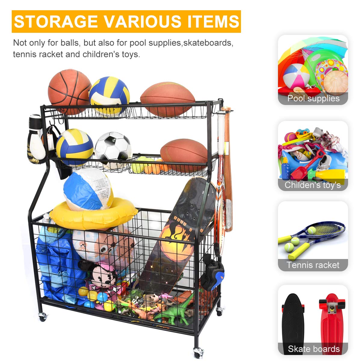 Kinghouse Steel Black Garage Sports Equipment Organizer - Ball Storage Rack & Rolling Cart for Basketball, Soccer, Football | Perfect for Garage, Basement & Backyard Organization