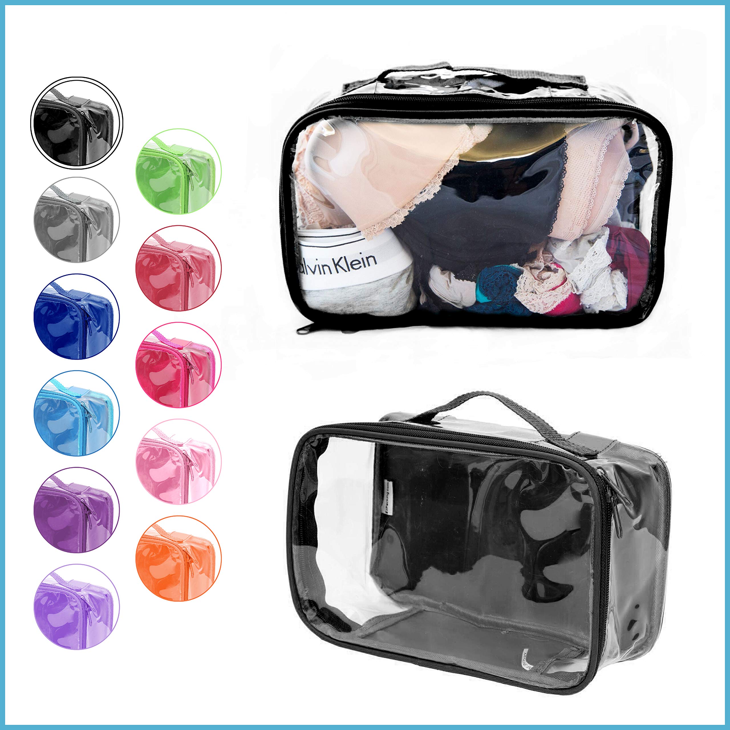Small Clear Travel Packing Cube - See Through PVC Plastic Organizer Pouch for Carry On Suitcase, Backpack or Diaper Bag - Transparent Multipurpose Storage for Makeup, Underwear & Accessories with Handle (Black) - Perfect for Travel, Gym & Daily Organization