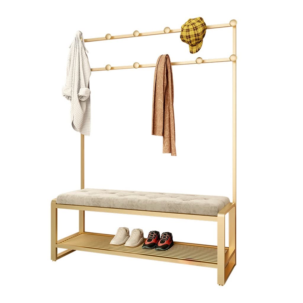 3-in-1 Hall Tree Coat Rack with Shoe Bench & Storage Shelf - Heavy Duty MDF Entryway Organizer with Metal Hooks - Gold Grey Entryway Furniture (80x47x160cm) for Hallway, Bedroom, Dorm & Small Space Organization