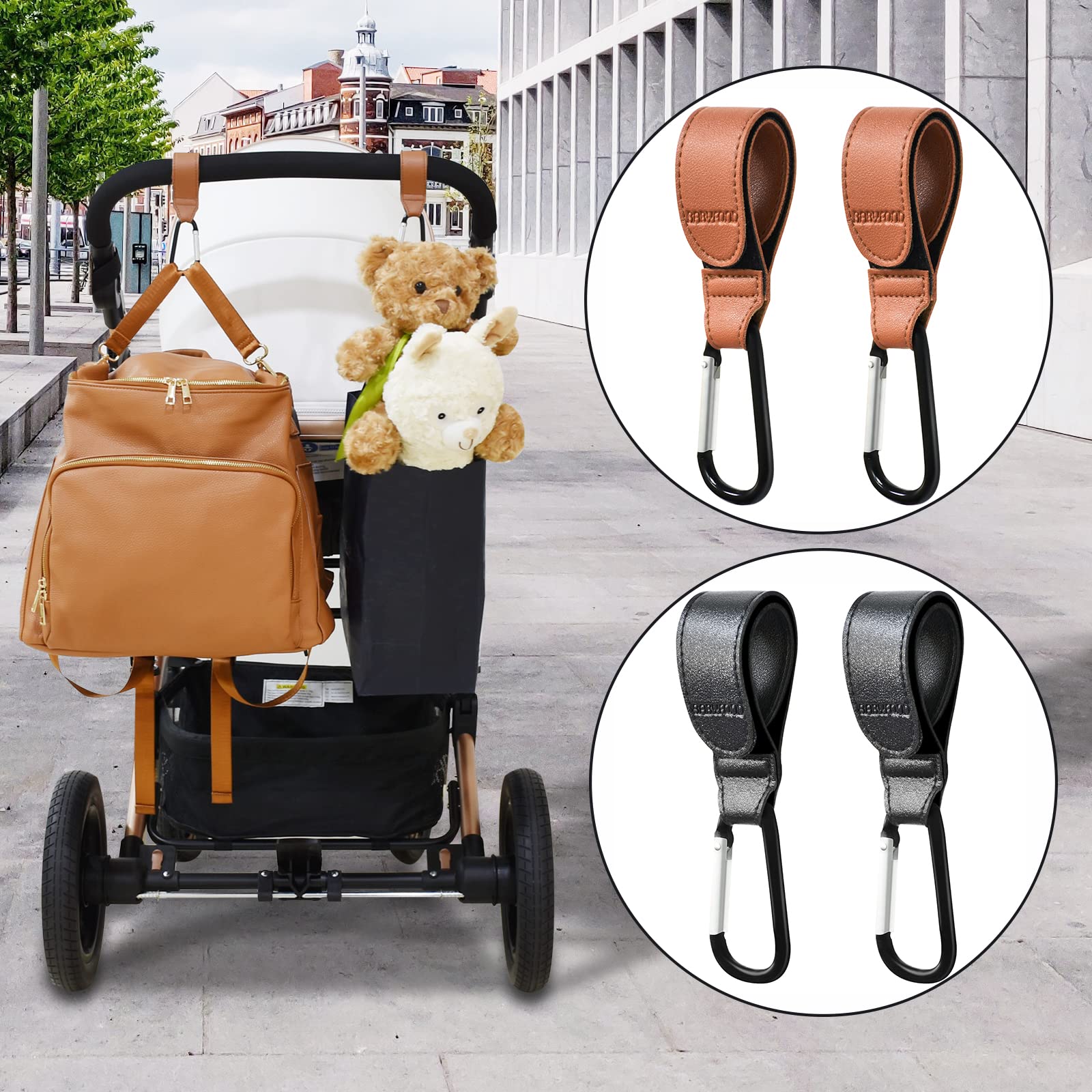 Premium Stroller Hooks (2-Pack) - Heavy Duty Leather Style Baby Stroller Clips for Diaper Bags, Groceries & Shopping - Universal Mommy Hook for Strollers, Car Seats & Wheelchairs - Perfect for Park Outings, Mall Trips & Daily Errands (Black)