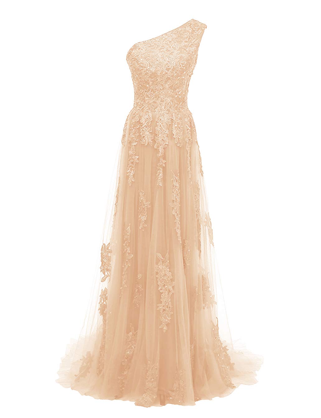 Elegant One Shoulder Evening Party Gown with Lace Appliques - Women's Formal Long Prom Dress for Homecoming, Wedding Guest & Special Occasions
