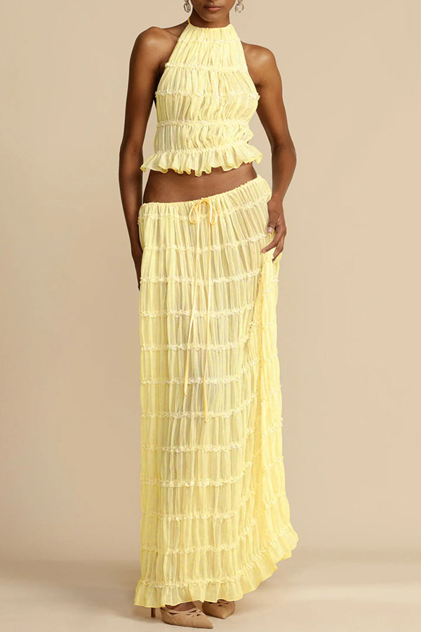 Versatile Vintage Pleated Drawstring Waist Tiered Maxi Skirt for Women | Boho Chic Flowy Long Skirt | Perfect for Casual Outings, Beach Vacations & Summer Festivals