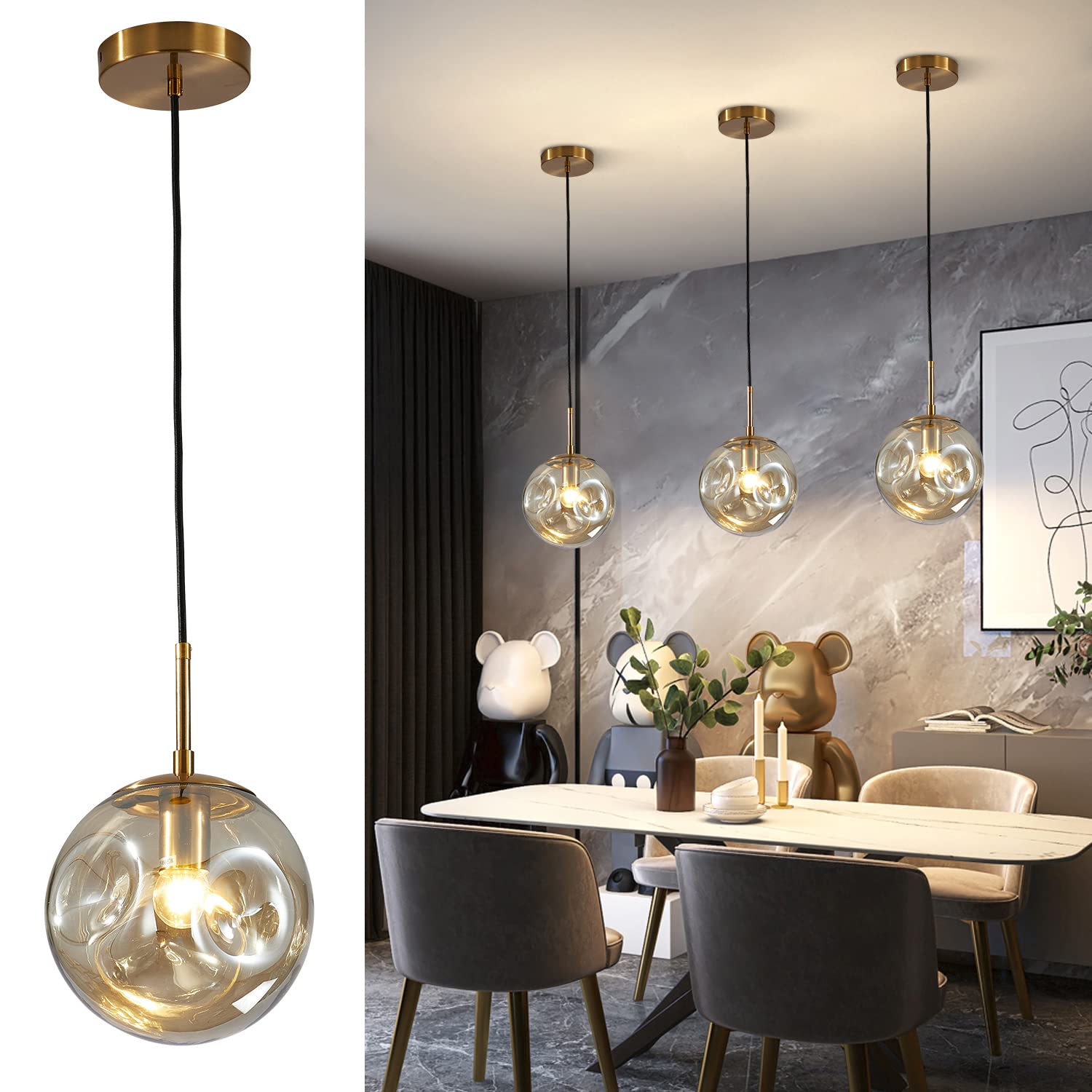 Modern Irregular Globe Pendant Light - Gold Metal & Glass Ball Chandelier with Adjustable Cord - Contemporary Ceiling Lighting Fixture (7.9